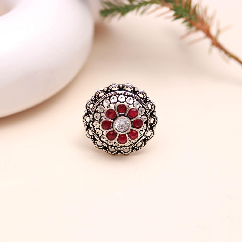 925 Sterling Silver Magenta Cubic Zirconia Ring – Round Brilliant Stone with Oxidised Turkish Finish