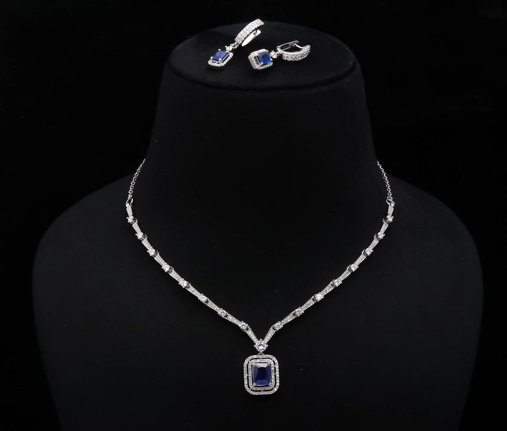 925 Sterling Silver CZ Stone Necklace & Earring Set with Rhodium Finish Minimalist Jewellery