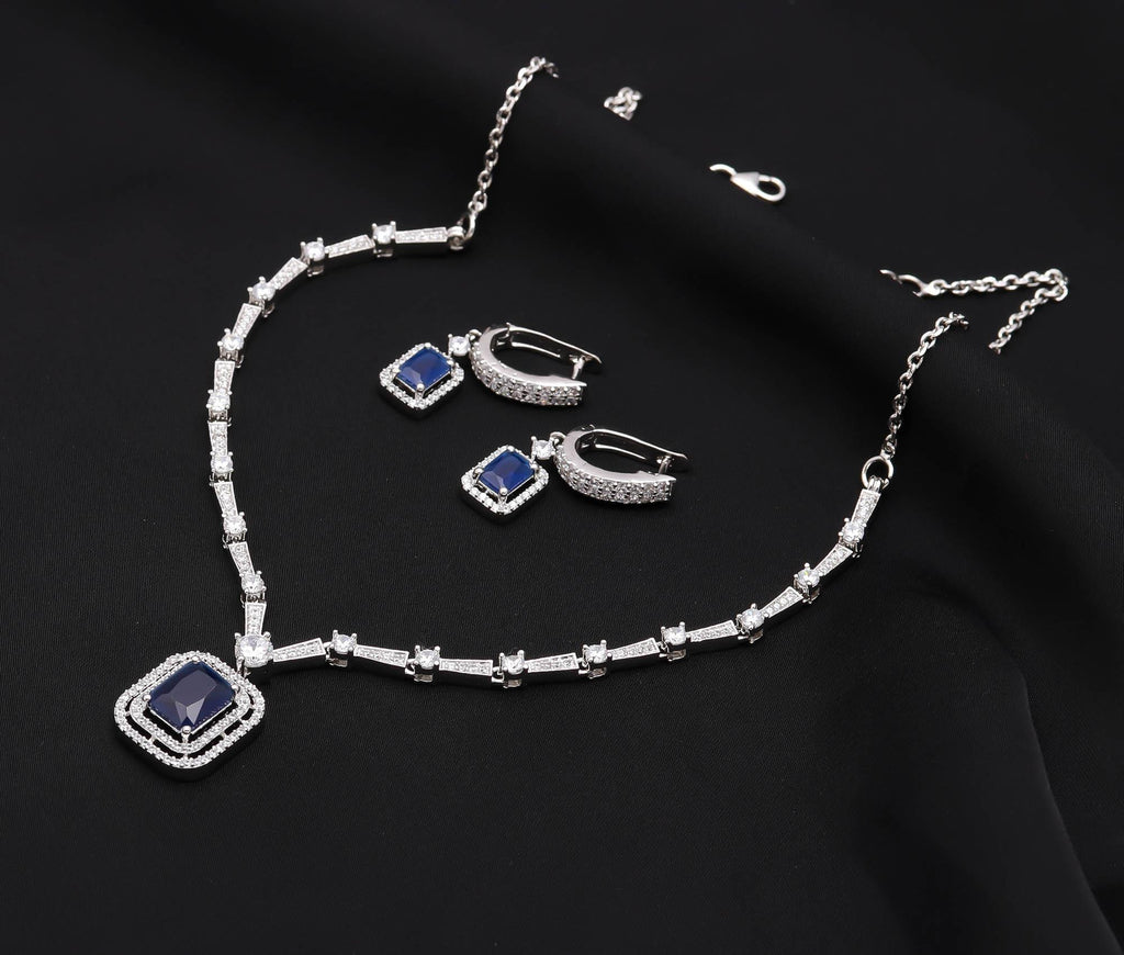 925 Sterling Silver CZ Stone Necklace & Earring Set with Rhodium Finish Minimalist Jewellery