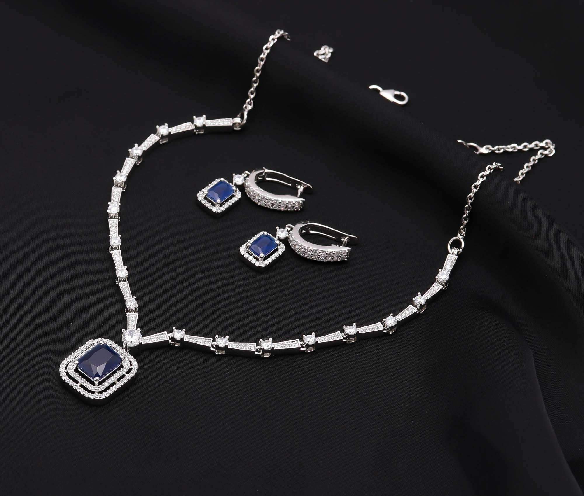 925 Sterling Silver CZ Stone Necklace & Earring Set with Rhodium Finish Minimalist Jewellery