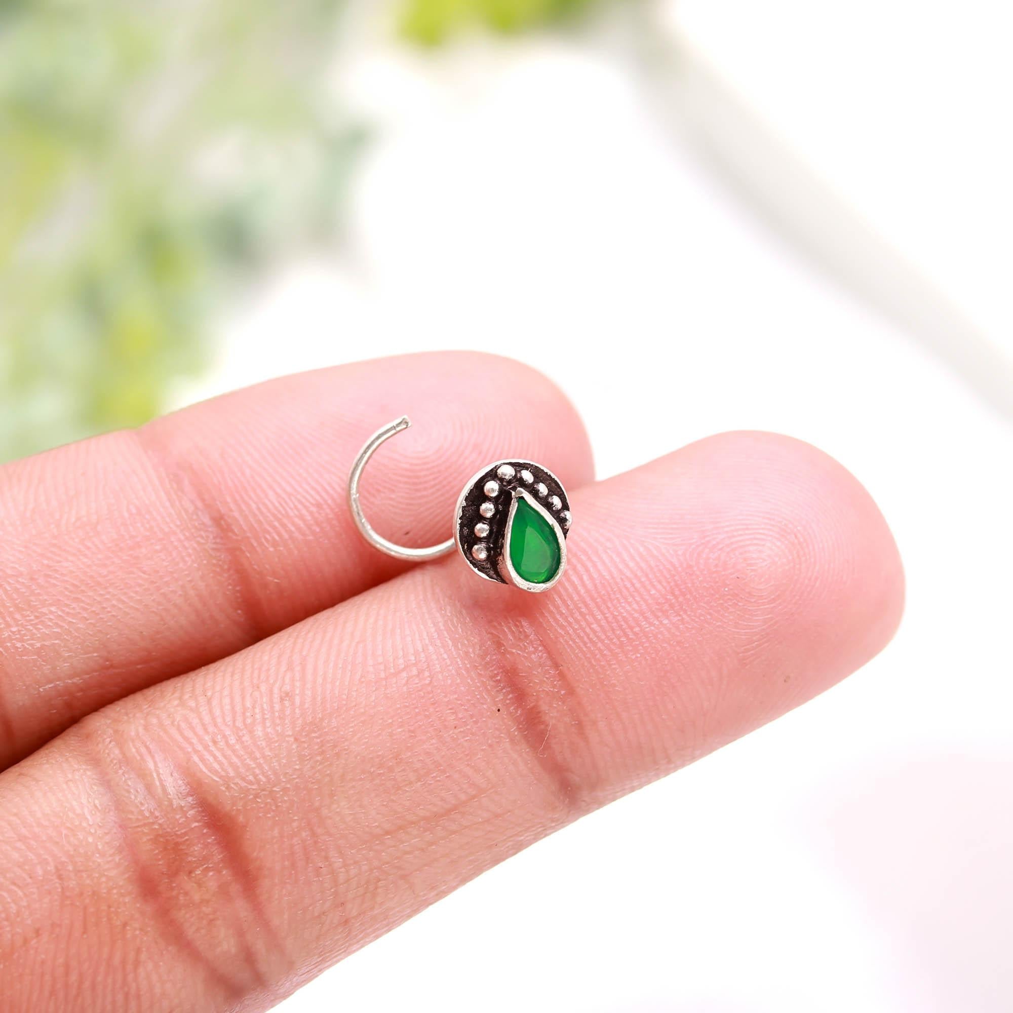 925 Sterling Silver Tear Drop CZ Nose Ring | Oxidised Turkish Finish