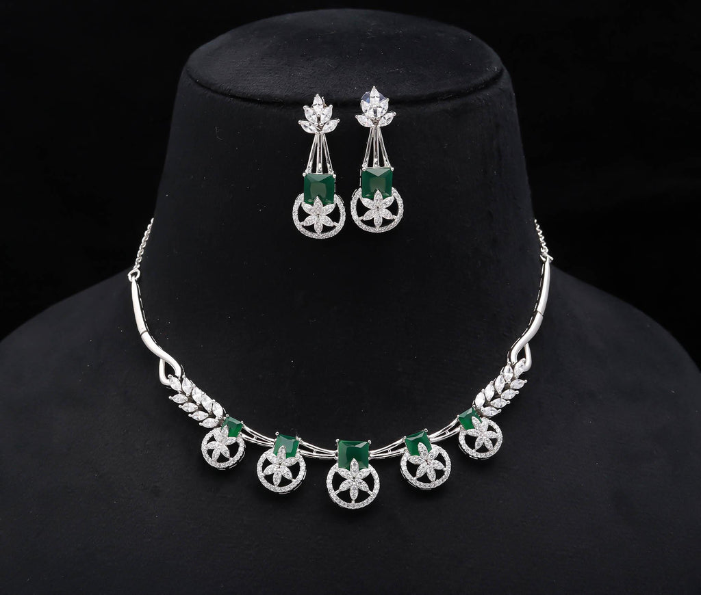 Rhodium-Plated CZ Necklace and Earrings Jewelry Set Party Wear Jewellery