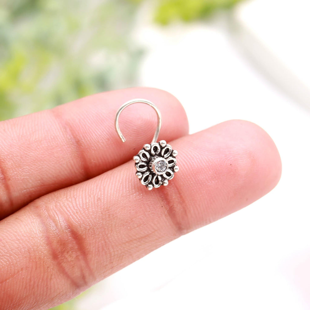 Round Cubic Zirconia Nose Pin in 925 Sterling Silver – Oxidised Turkish Finish Brilliant CZ Nose Stud