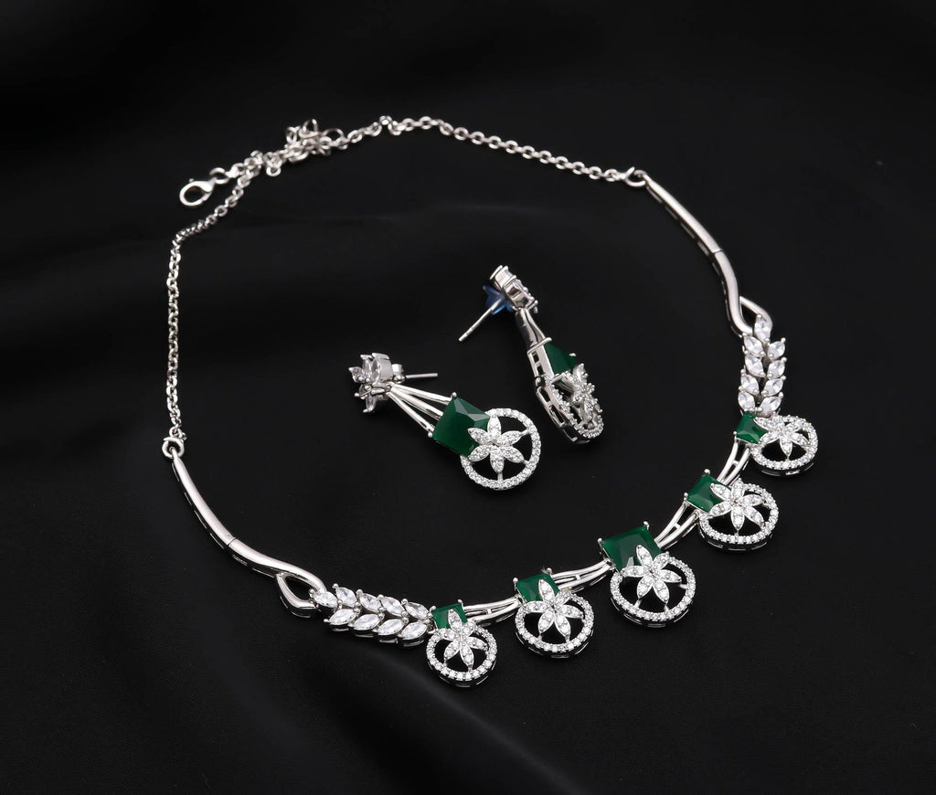 Rhodium-Plated CZ Necklace and Earrings Jewelry Set Party Wear Jewellery