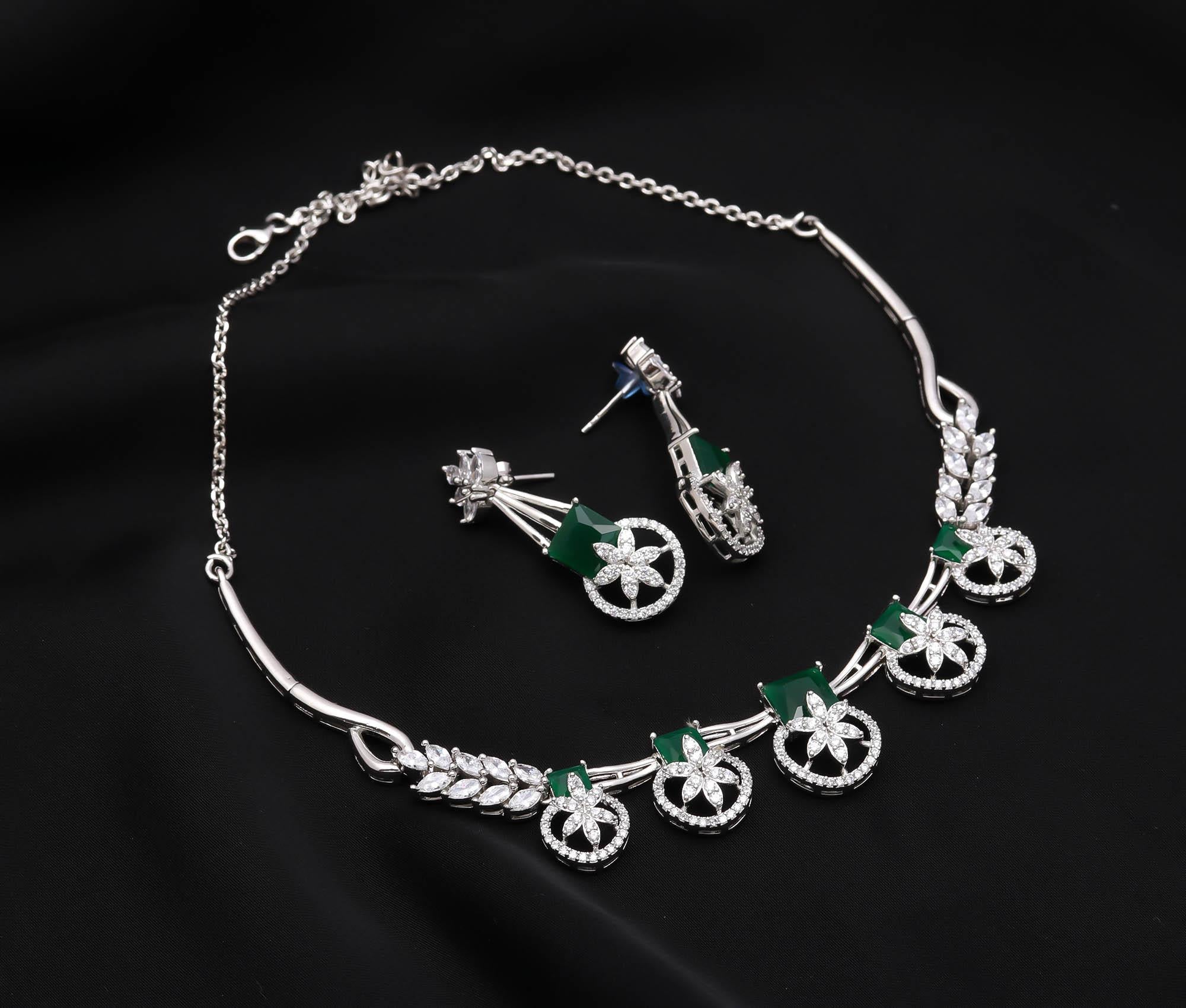 Rhodium-Plated CZ Necklace and Earrings Jewelry Set Party Wear Jewellery