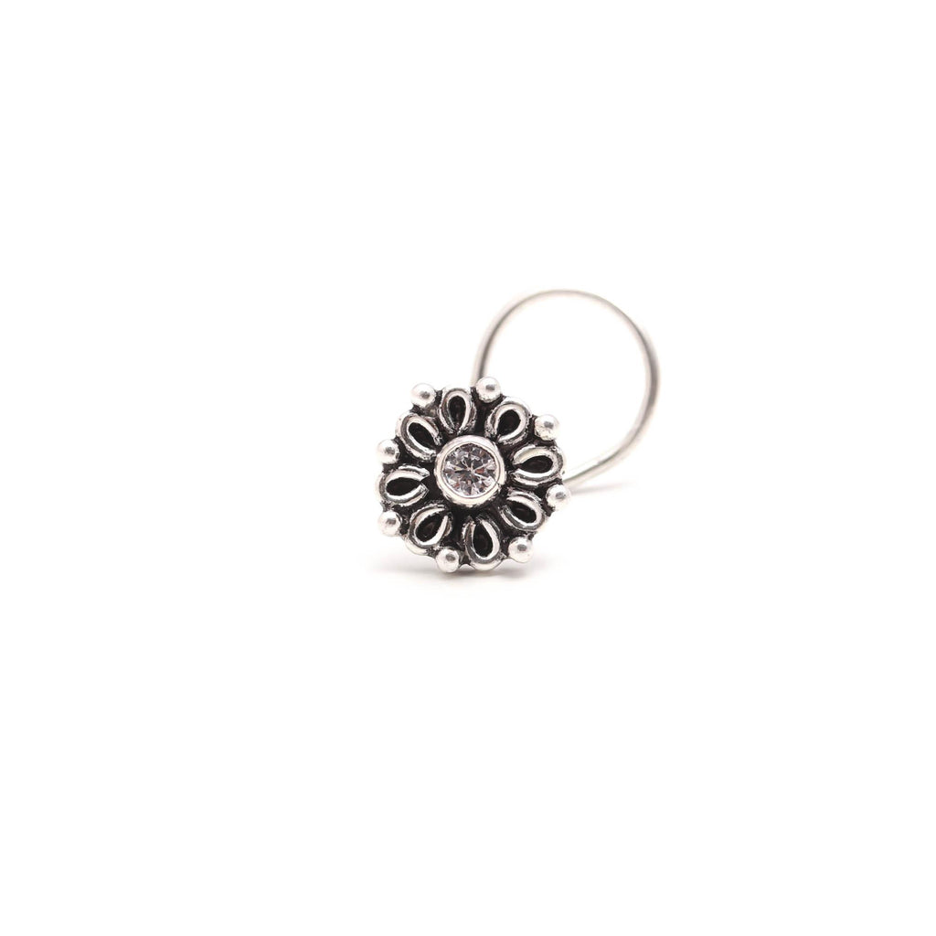 Round Cubic Zirconia Nose Pin in 925 Sterling Silver – Oxidised Turkish Finish Brilliant CZ Nose Stud