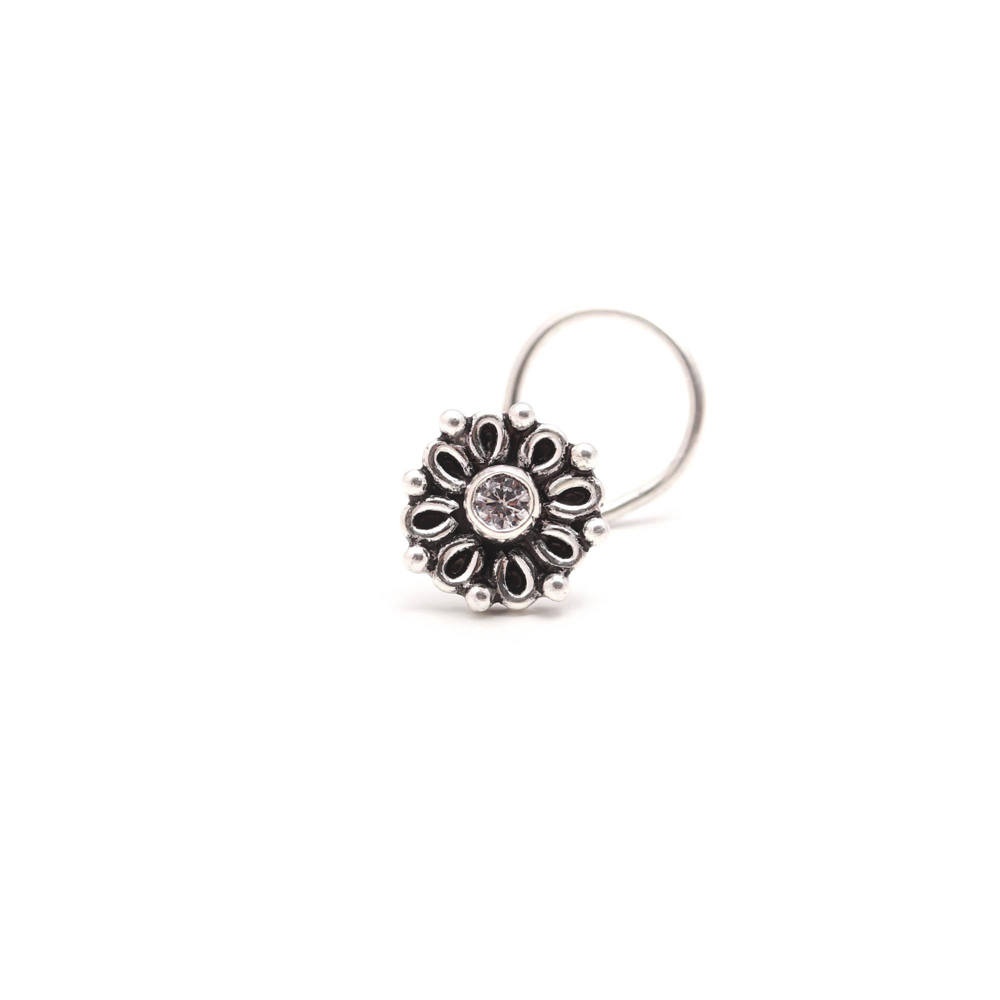 Round Cubic Zirconia Nose Pin in 925 Sterling Silver – Oxidised Turkish Finish Brilliant CZ Nose Stud