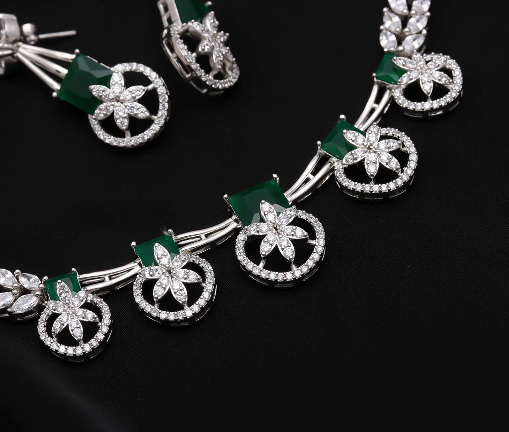 Rhodium-Plated CZ Necklace and Earrings Jewelry Set Party Wear Jewellery