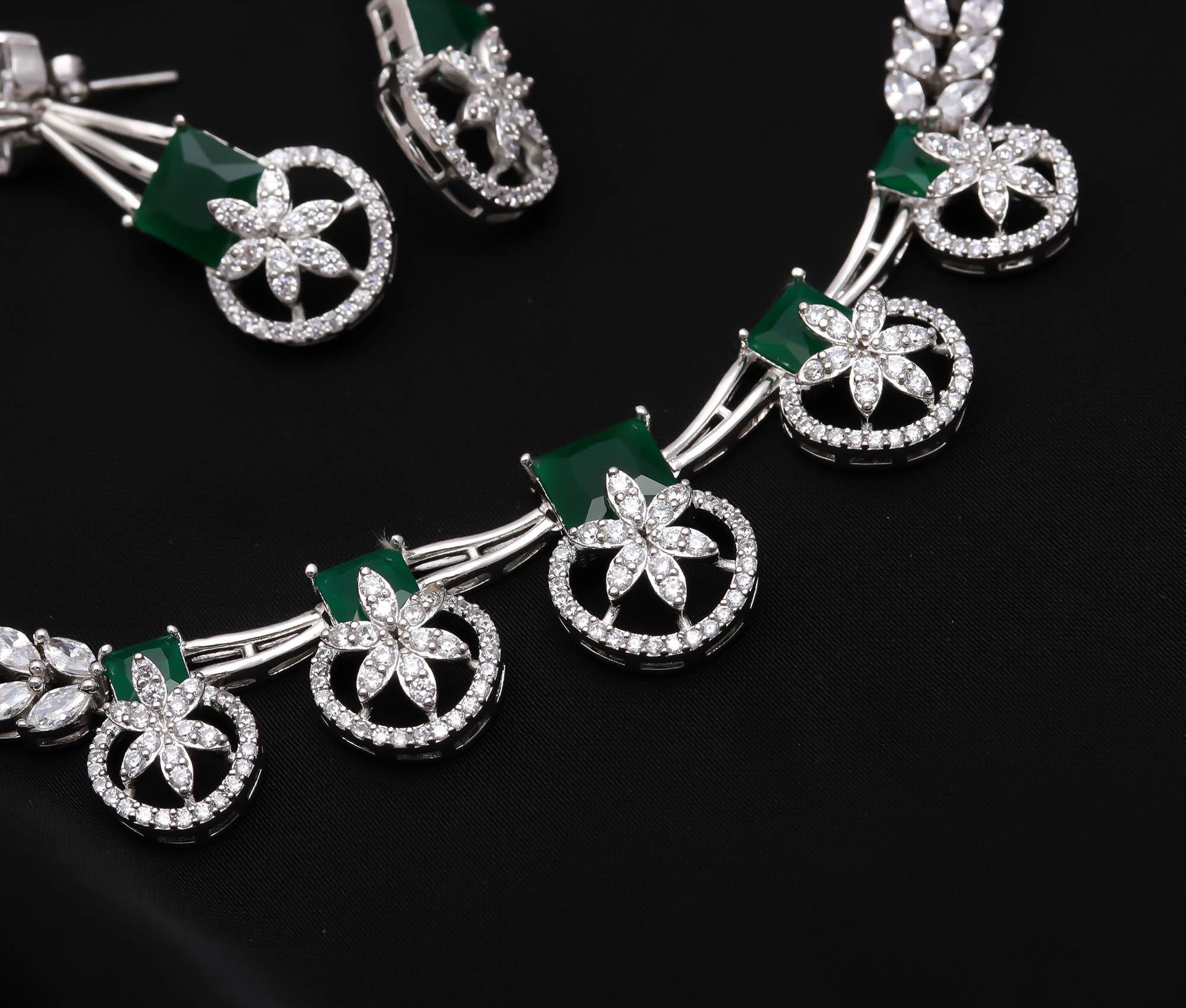 Rhodium-Plated CZ Necklace and Earrings Jewelry Set Party Wear Jewellery