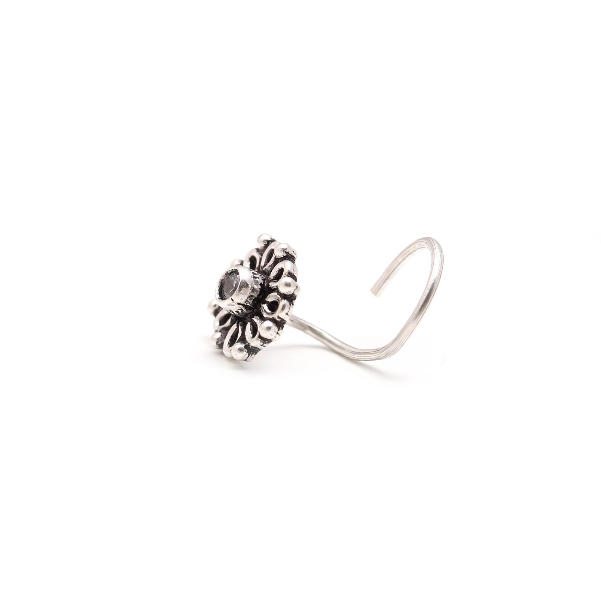 Round Cubic Zirconia Nose Pin in 925 Sterling Silver – Oxidised Turkish Finish Brilliant CZ Nose Stud