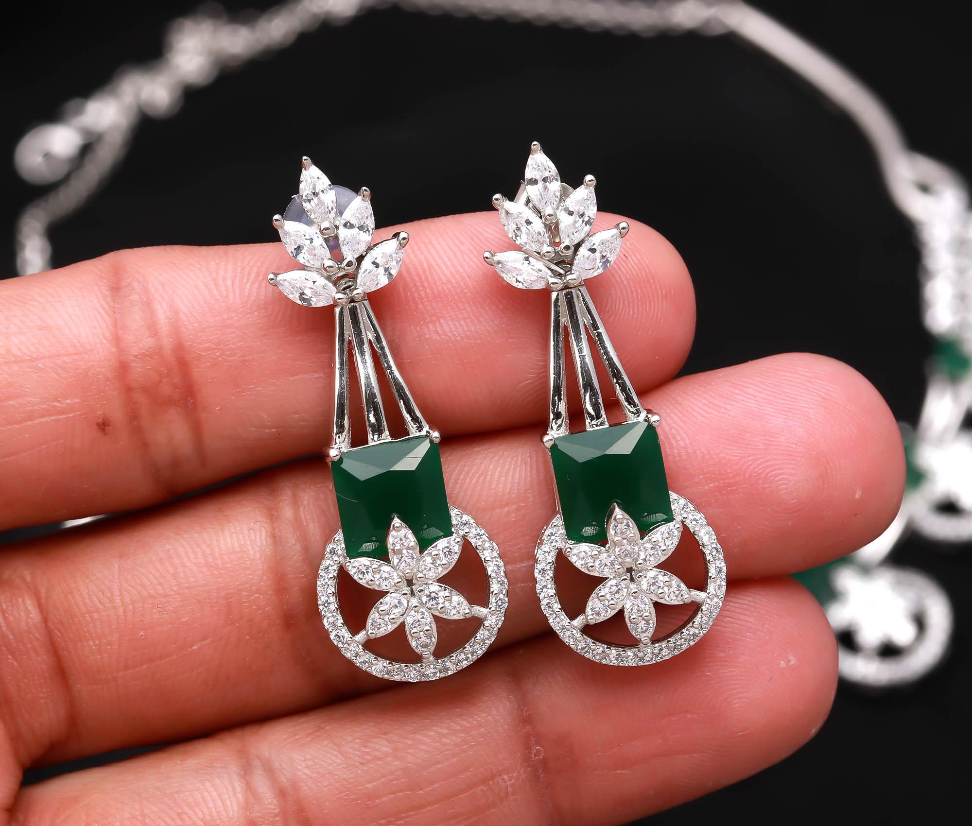 Rhodium-Plated CZ Necklace and Earrings Jewelry Set Party Wear Jewellery