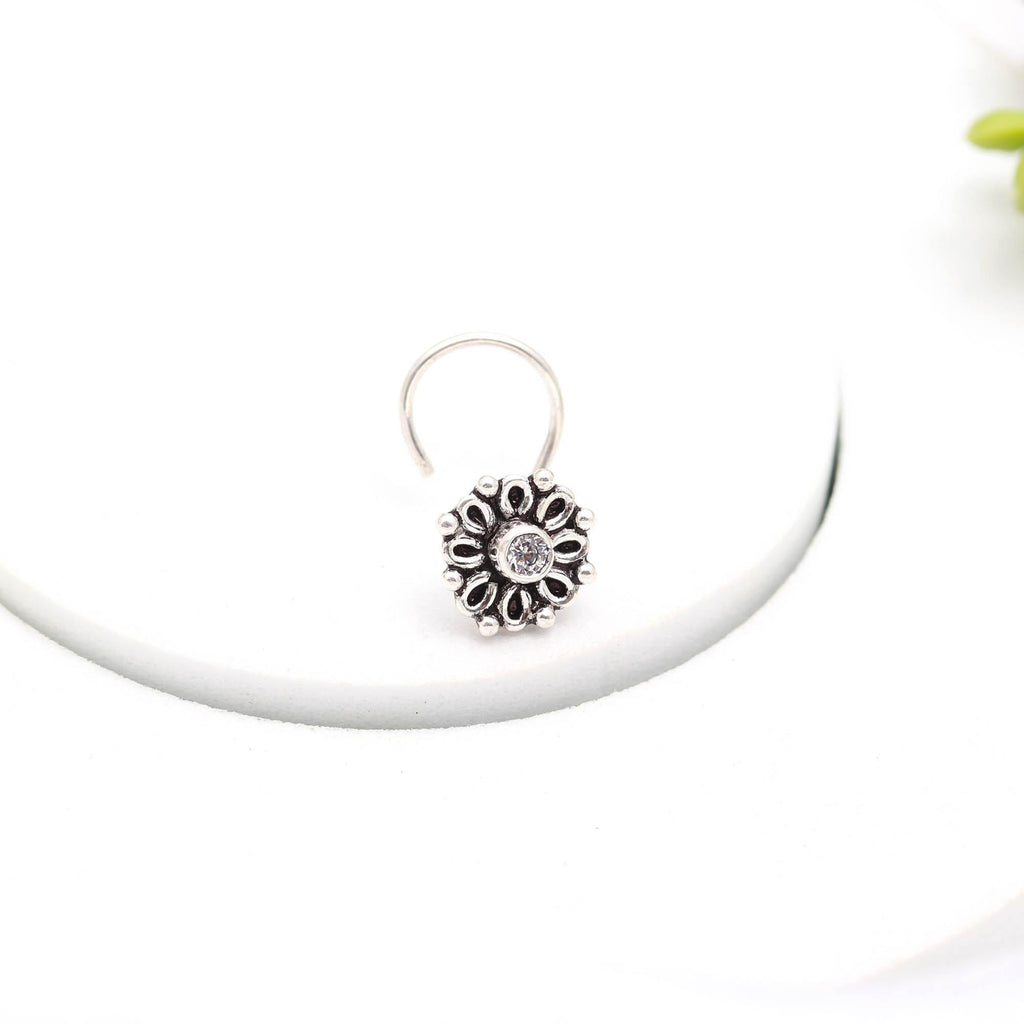 Round Cubic Zirconia Nose Pin in 925 Sterling Silver – Oxidised Turkish Finish Brilliant CZ Nose Stud