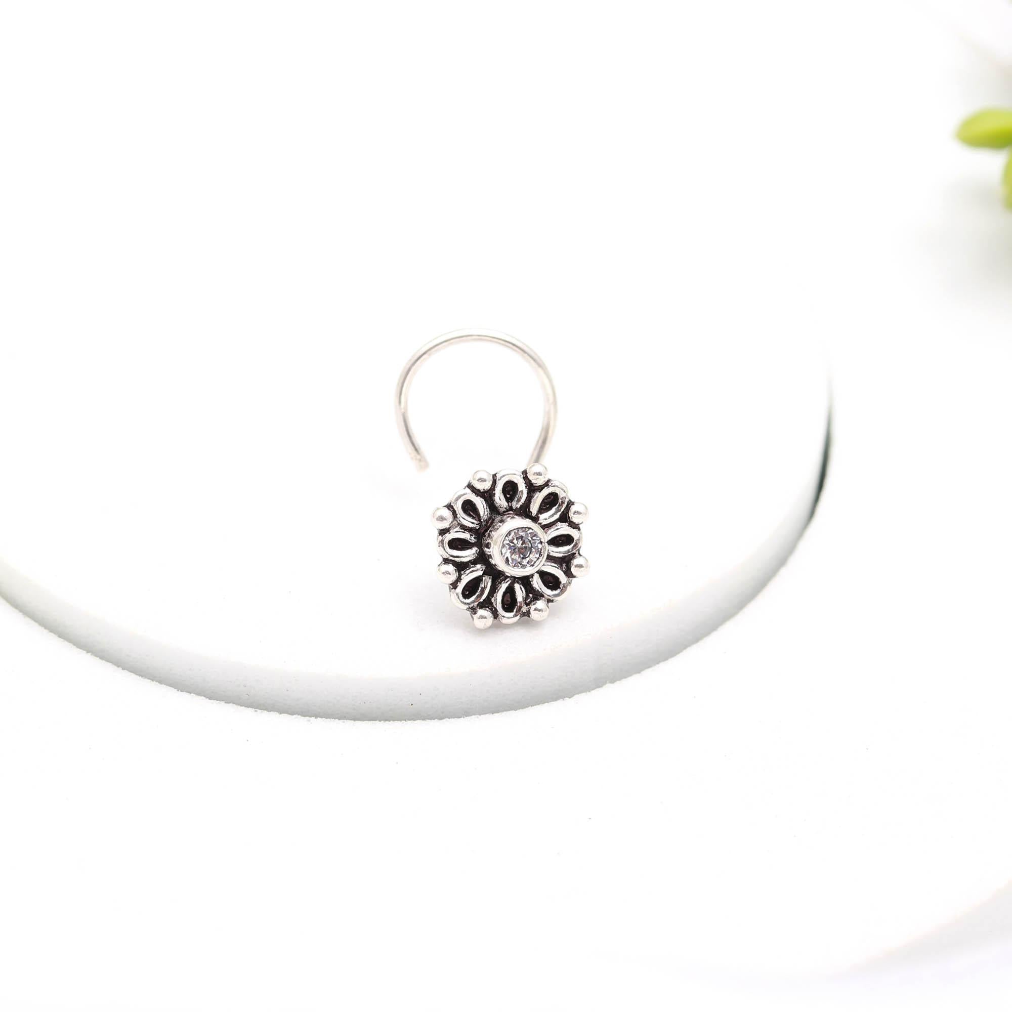 Round Cubic Zirconia Nose Pin in 925 Sterling Silver – Oxidised Turkish Finish Brilliant CZ Nose Stud