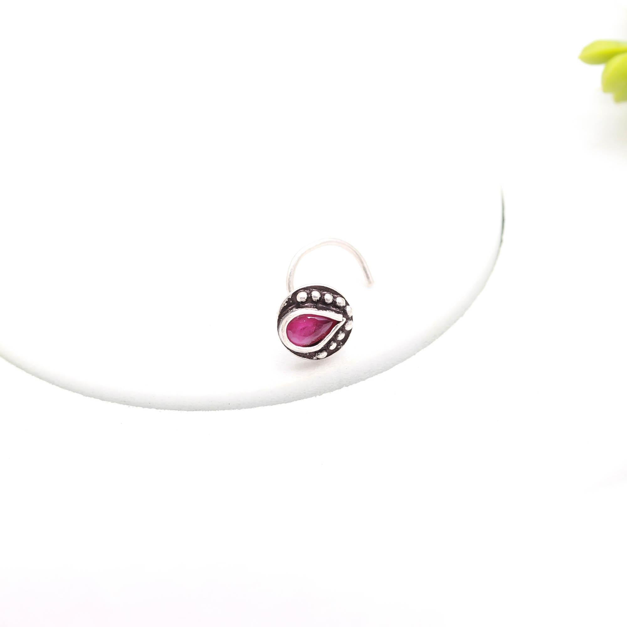 Round CZ Nose Pin in 925 Sterling Silver – Turkish Finish Nose Ring