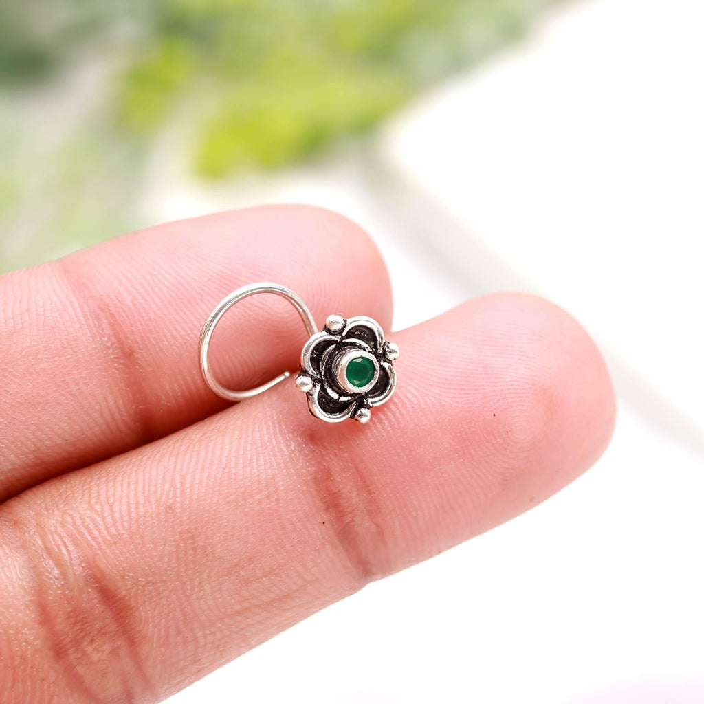925 Silver Turkish Style Round CZ Nose Pin Everyday Wear