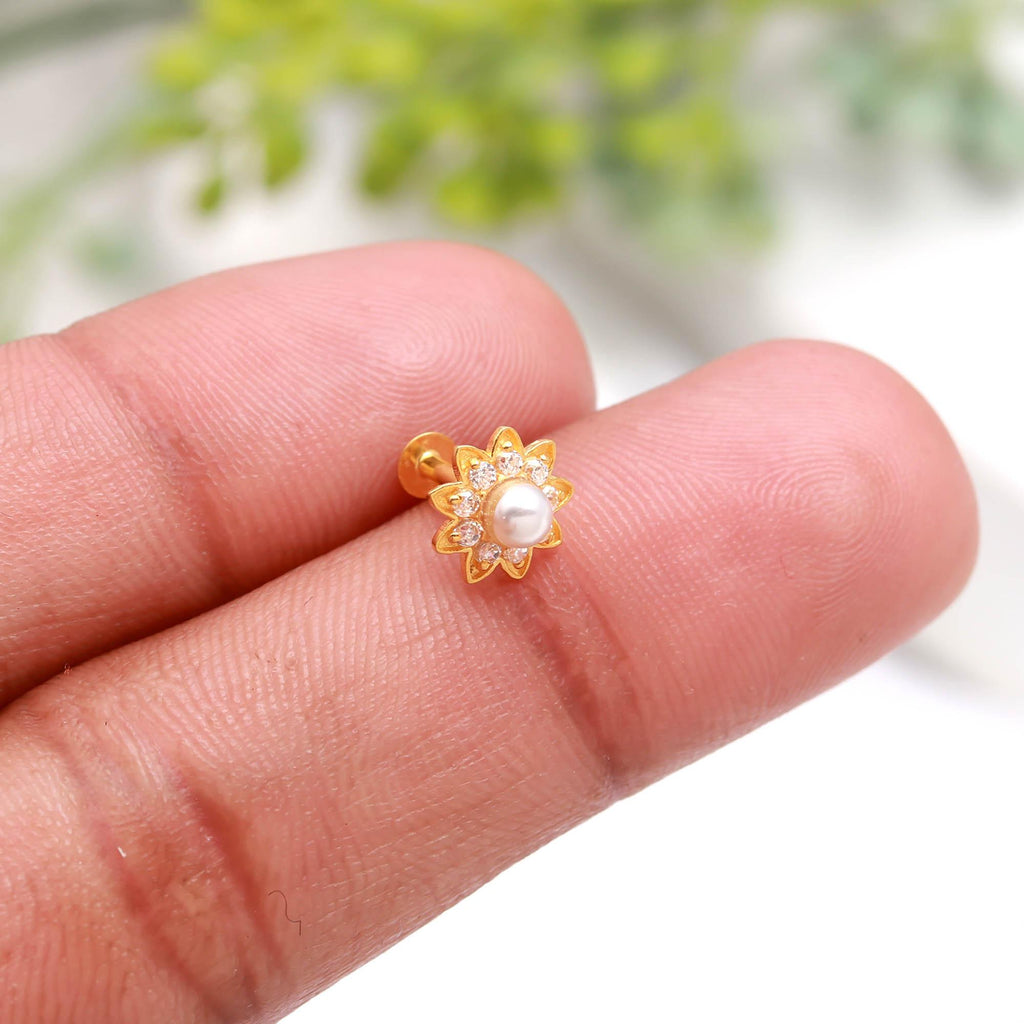 18KT Hallmarked Gold Nose Ring Round Brilliant CZ Minimal Diamond Look Nose Pin