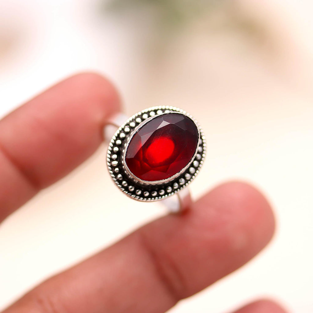 925 Sterling Silver Red Garnet Ring – Oval Brilliant Stone with Oxidised Turkish Finish