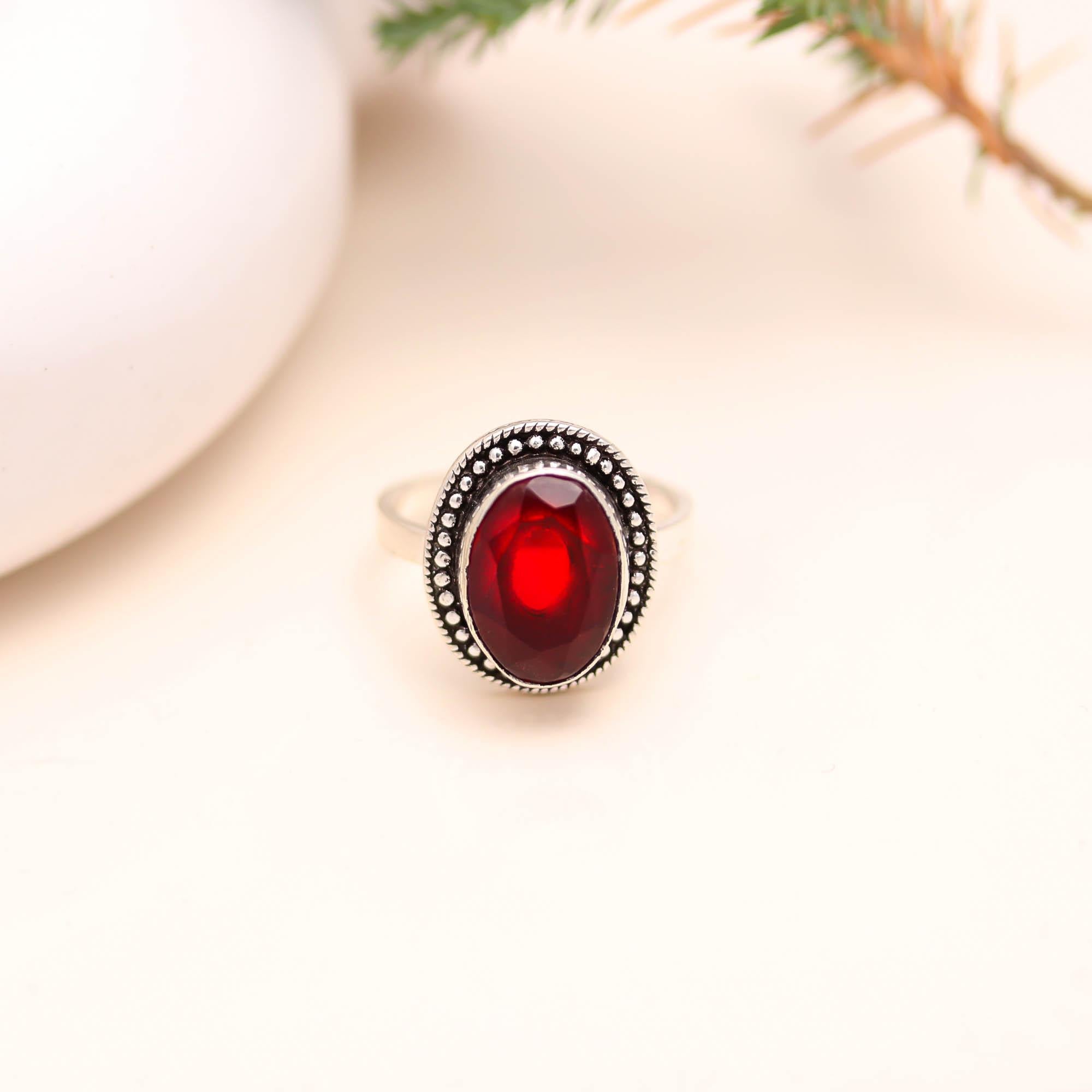 925 Sterling Silver Red Garnet Ring – Oval Brilliant Stone with Oxidised Turkish Finish