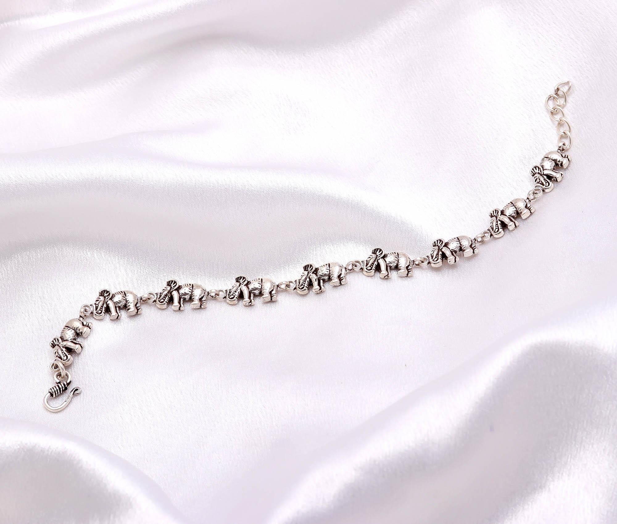 Sterling Silver Elephant Bracelet Oxidized Thick Long Heavy Chain Bracelet