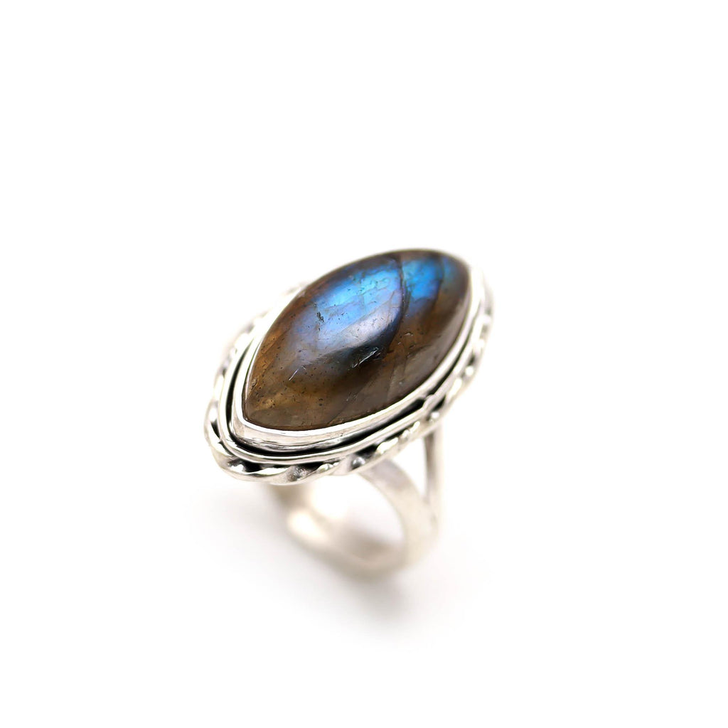 925 Sterling Silver Labradorite Ring – Oval Gemstone, Handmade Jewelry, Oxidised Finish