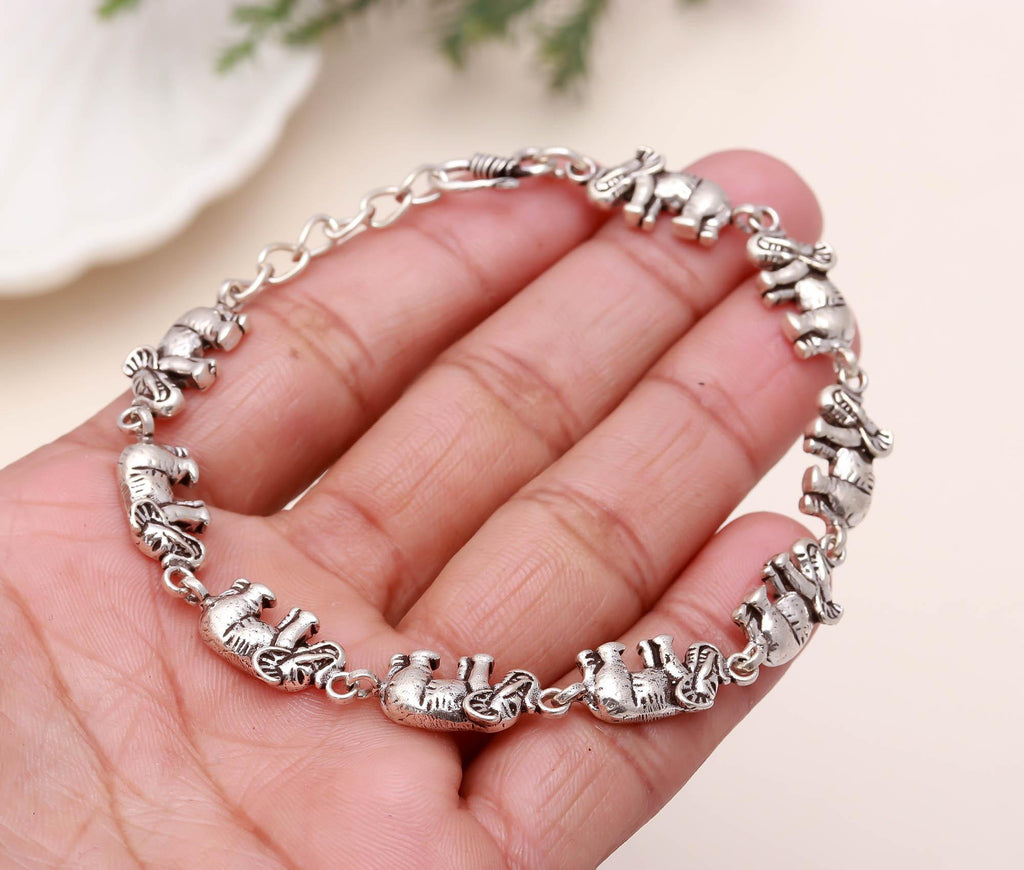 Sterling Silver Elephant Bracelet Oxidized Thick Long Heavy Chain Bracelet