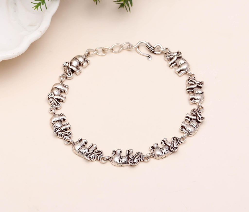 Sterling Silver Elephant Bracelet Oxidized Thick Long Heavy Chain Bracelet