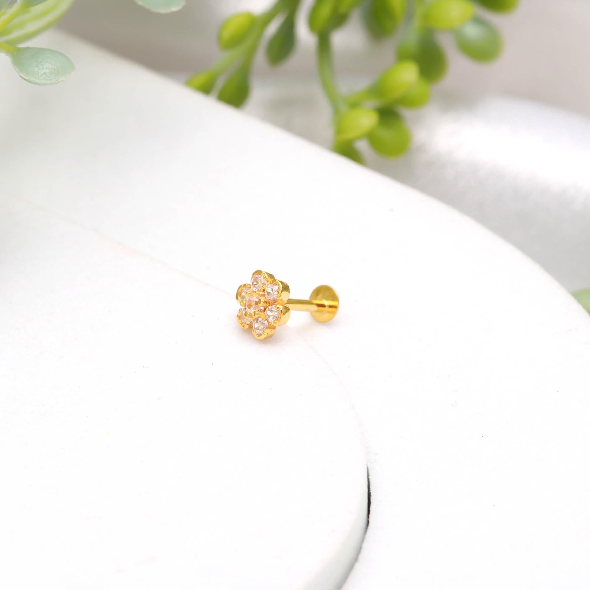 18KT Gold Nose Ring with Round Brilliant CZ – Traditional Indian Nose Stud