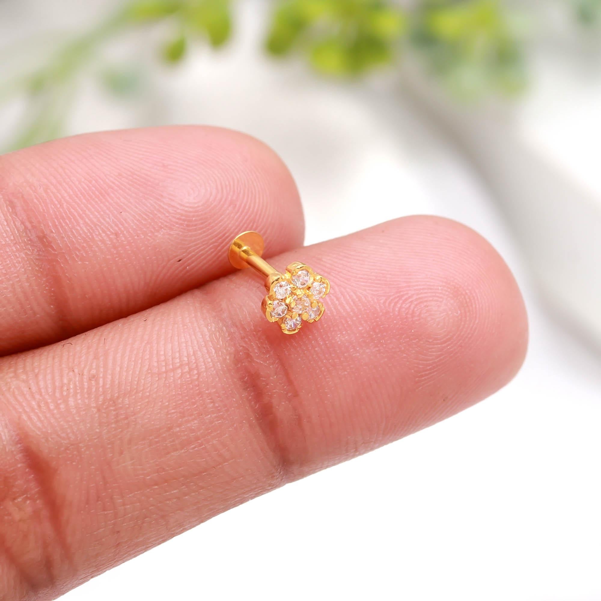 18KT Gold Nose Ring with Round Brilliant CZ – Traditional Indian Nose Stud