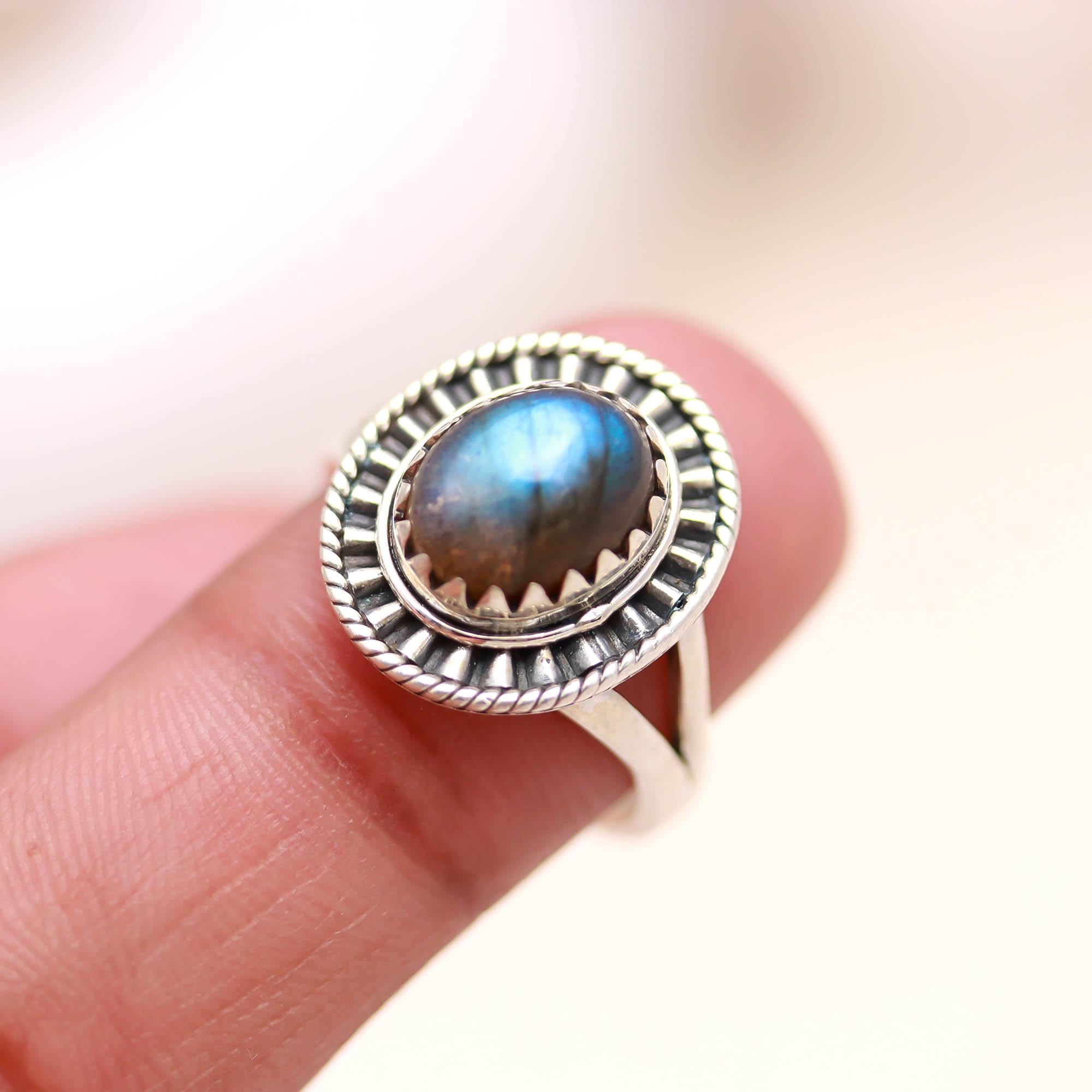 Vintage 925 Sterling Silver Labradorite Ring – Oval Gemstone Handmade Jewelry Oxidised Jewellery