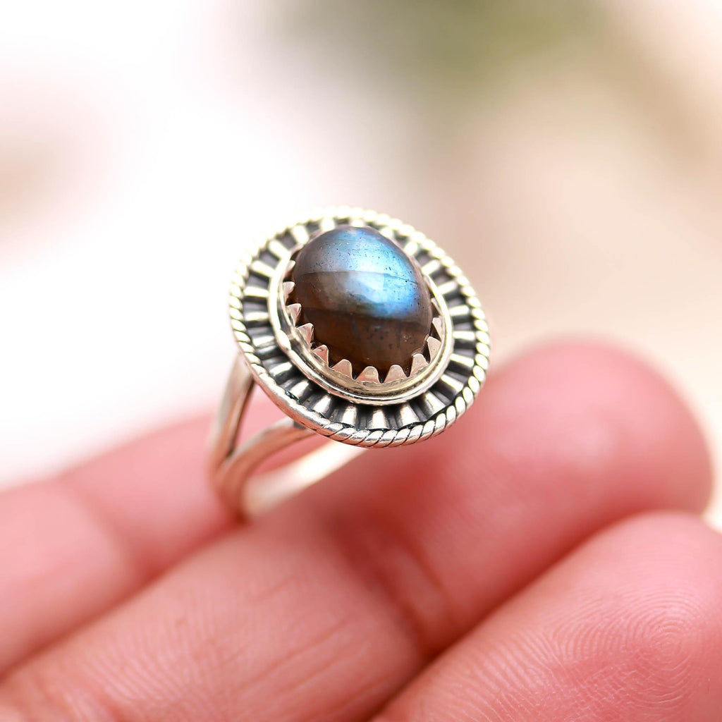 Vintage 925 Sterling Silver Labradorite Ring – Oval Gemstone Handmade Jewelry Oxidised Jewellery
