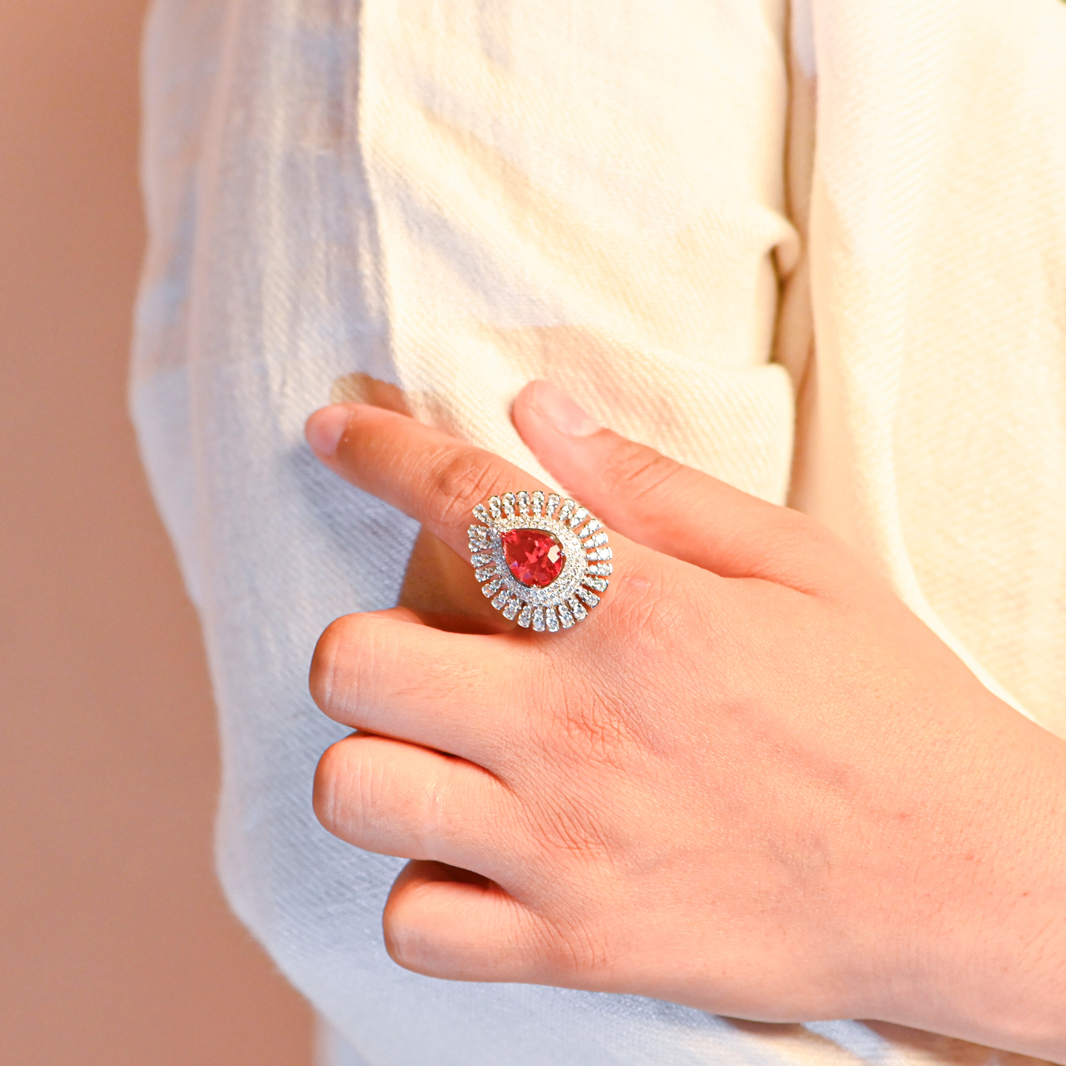 925 Sterling Silver Cubic Zirconia Statement Ring Round Tear Shape Large Ring