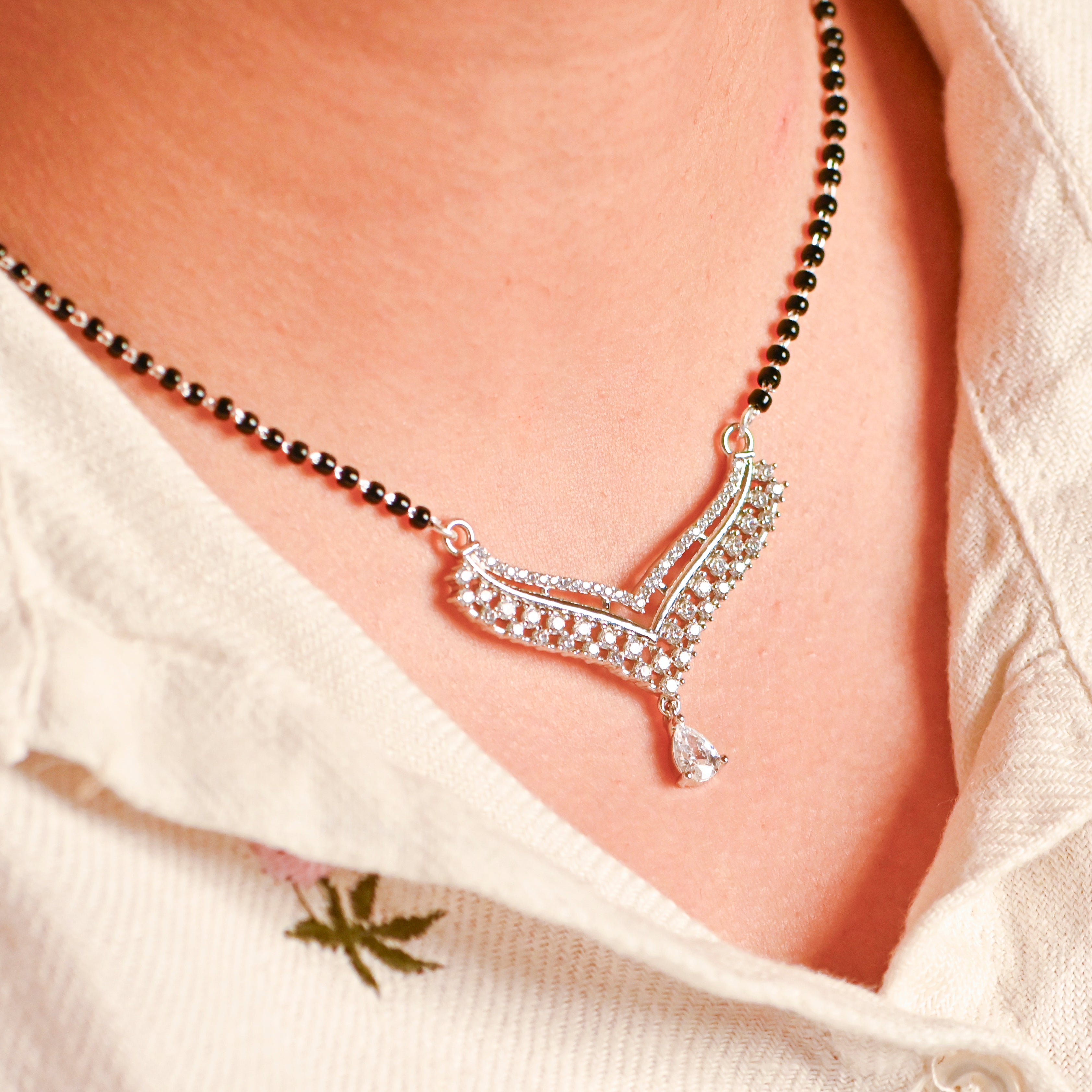 925 Sterling Silver Mangalsutra Long Necklace | Cubic Zirconia Pendant