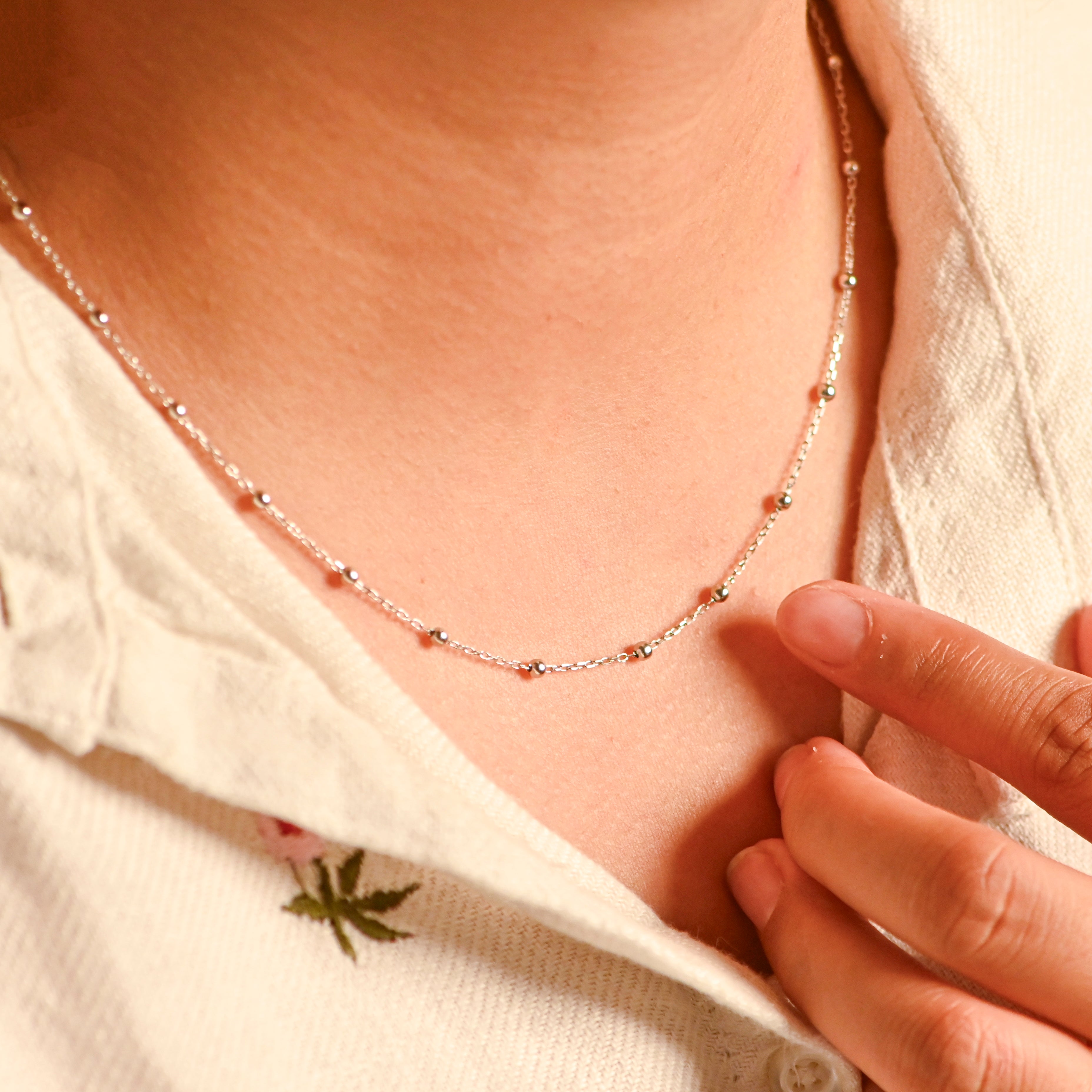 925 Sterling Silver Beaded Chain Necklace | Dainty Minimalist Silver Necklace