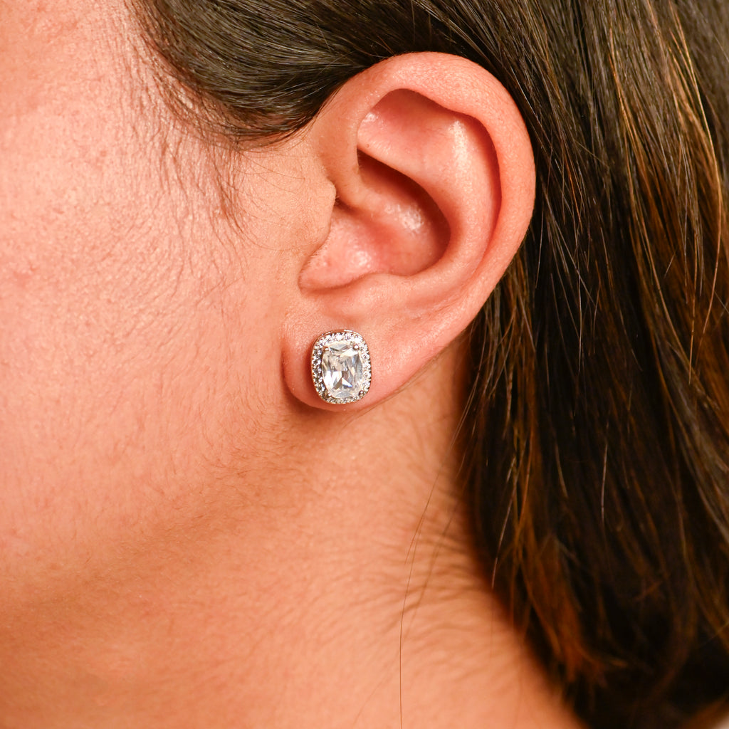 925 Sterling Silver Rectangle & Round Cubic Zirconia Studs | Statement Earrings With Push Backs | CZ Minimalist Studs