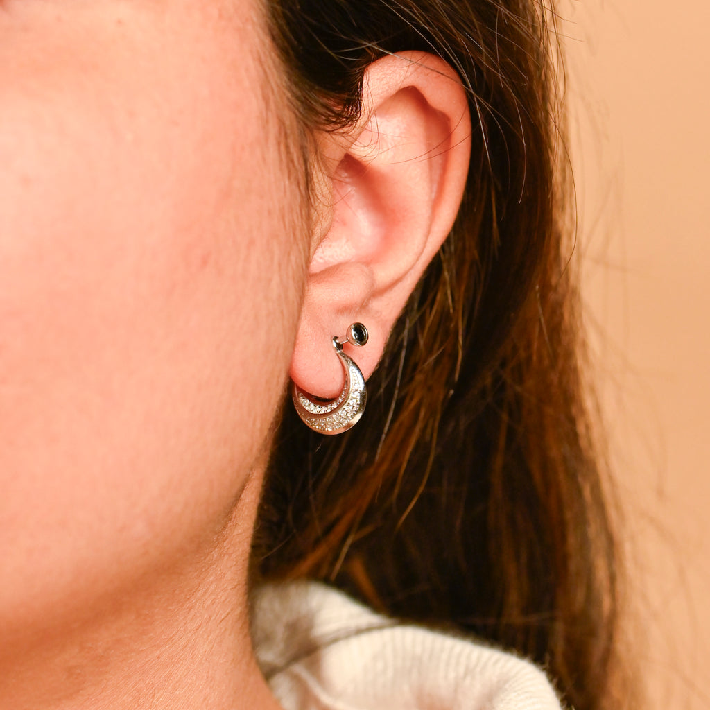 Cubic Zirconia Brutalist Hoop Earring – Sterling Silver Rhodium Finish Bridal Gift