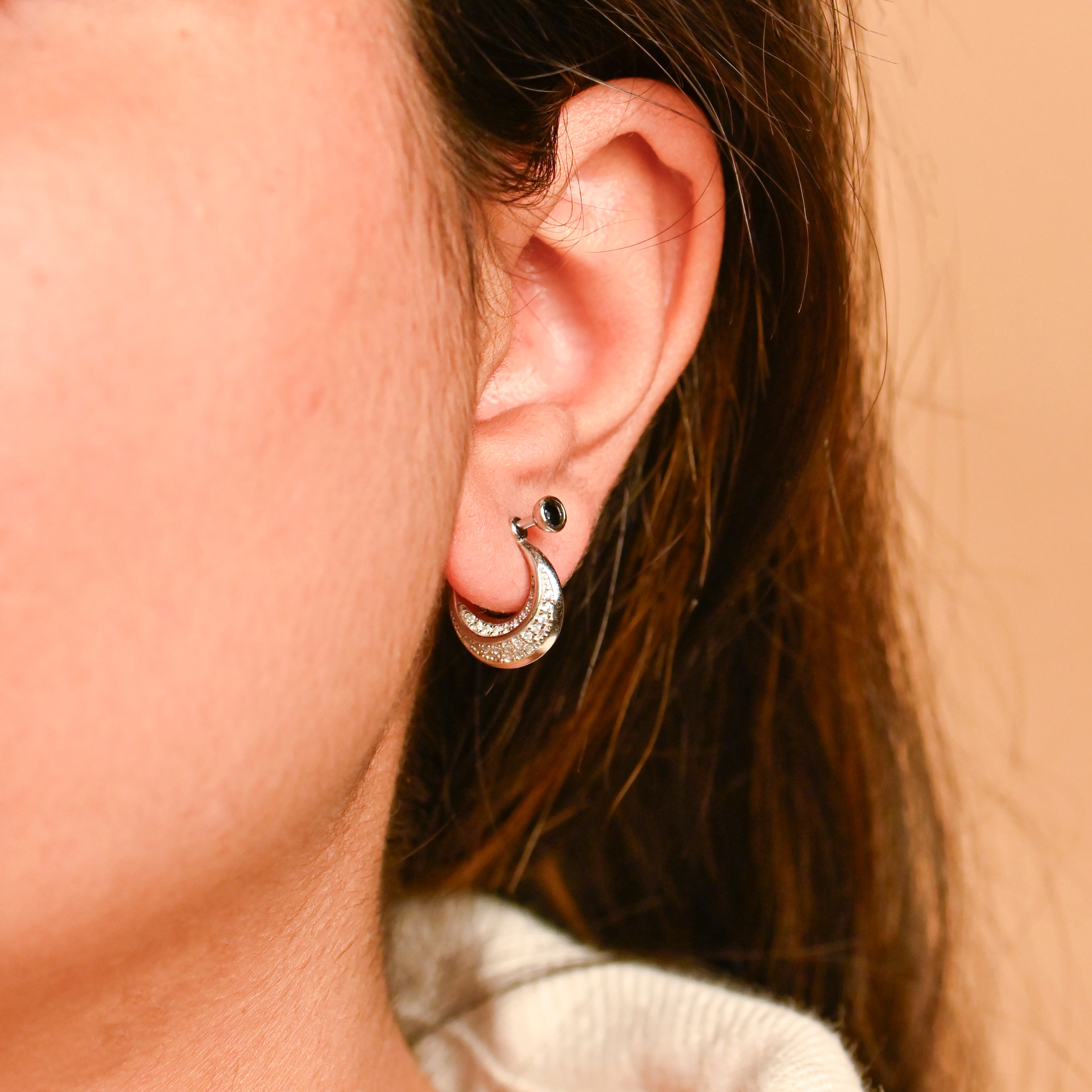 Cubic Zirconia Brutalist Hoop Earring – Sterling Silver Rhodium Finish Bridal Gift