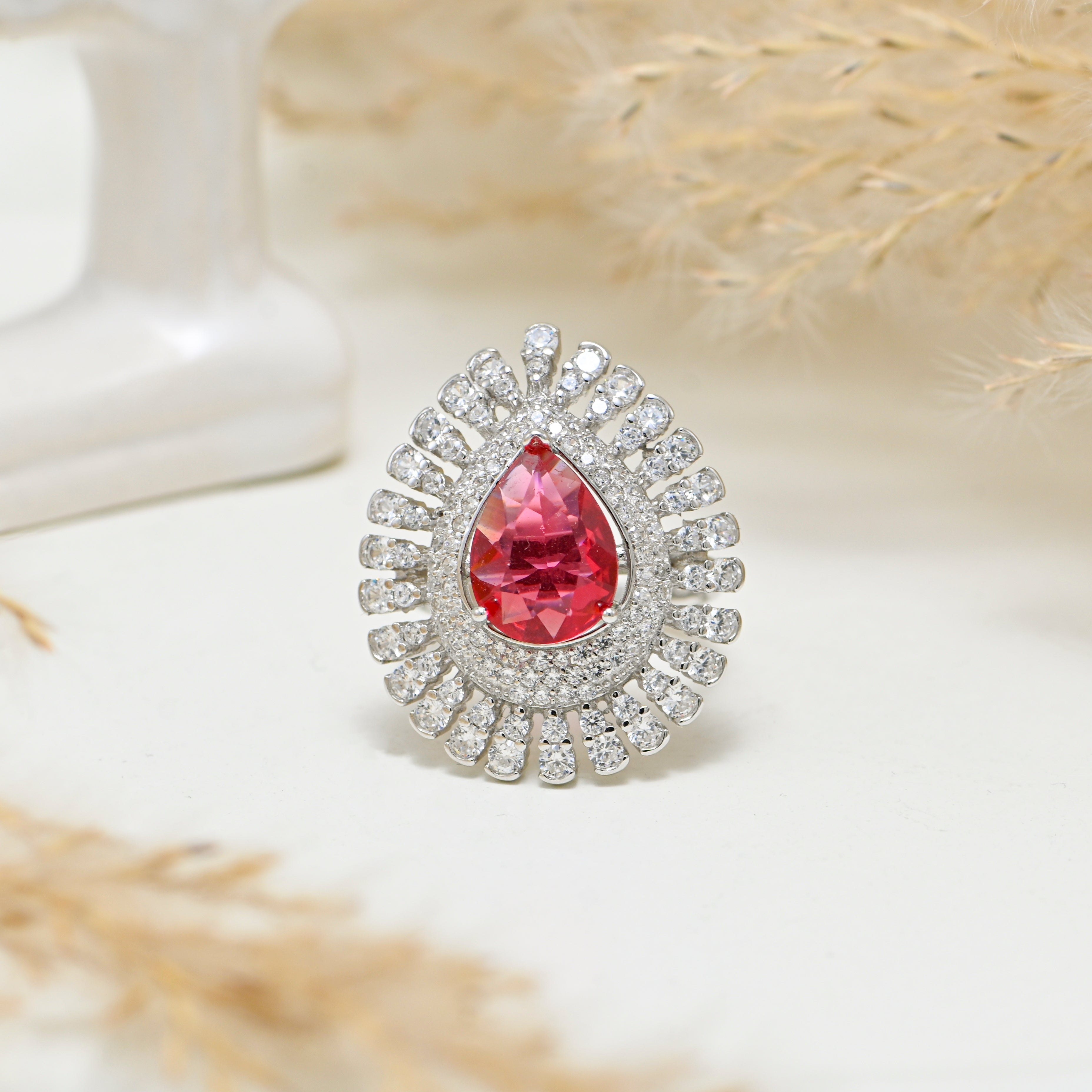 925 Sterling Silver Cubic Zirconia Statement Ring Round Tear Shape Large Ring