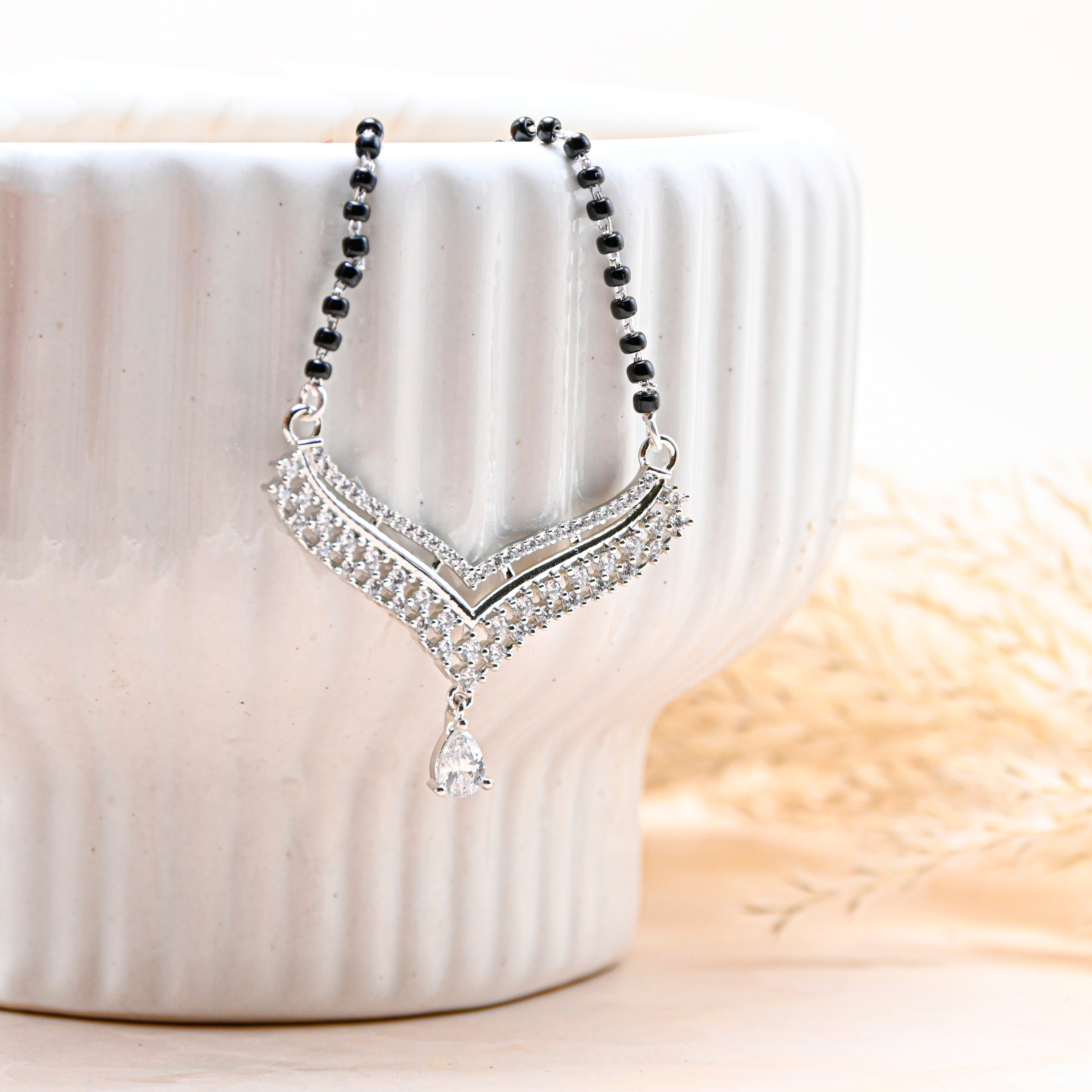 925 Sterling Silver Mangalsutra Long Necklace | Cubic Zirconia Pendant