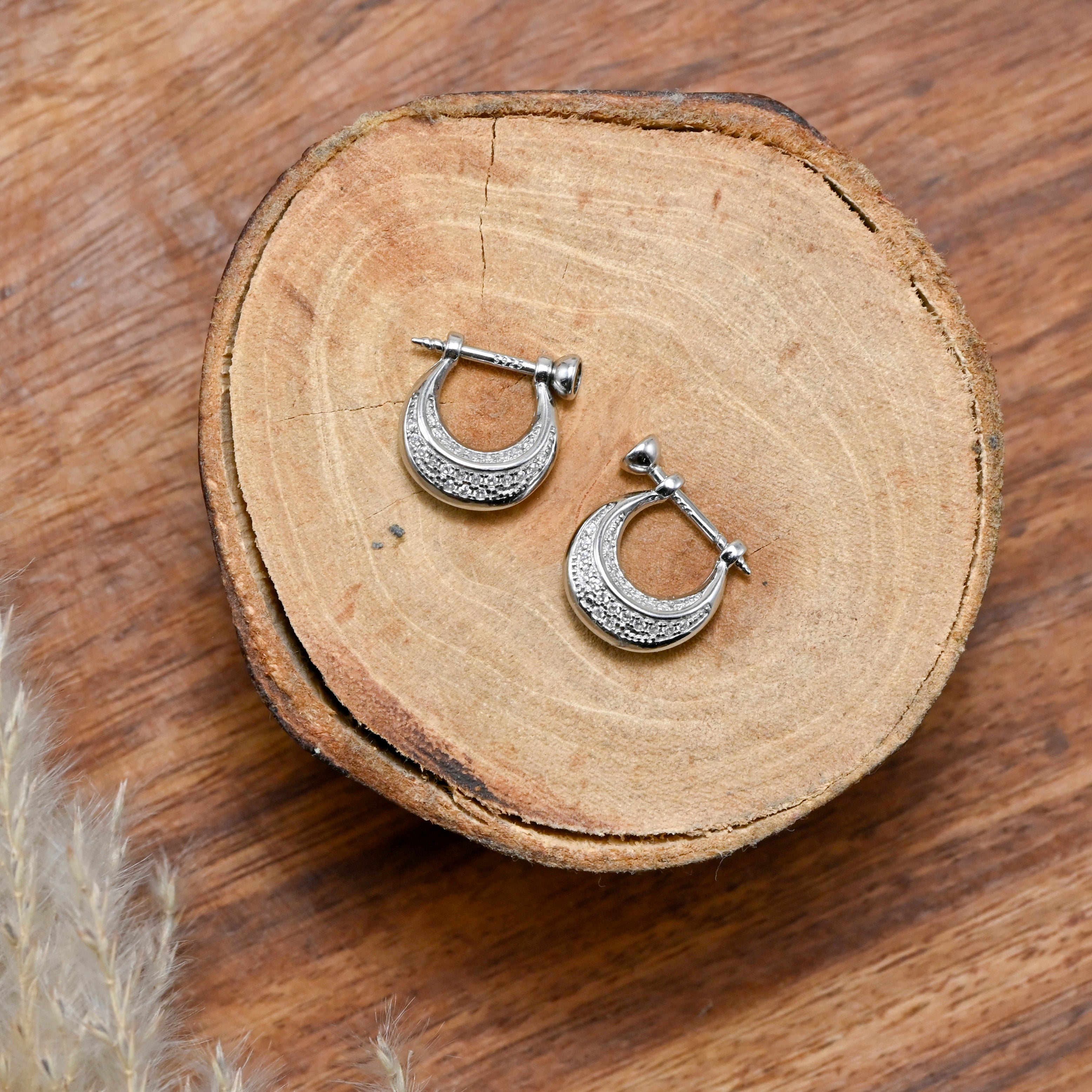 Cubic Zirconia Brutalist Hoop Earring – Sterling Silver Rhodium Finish Bridal Gift