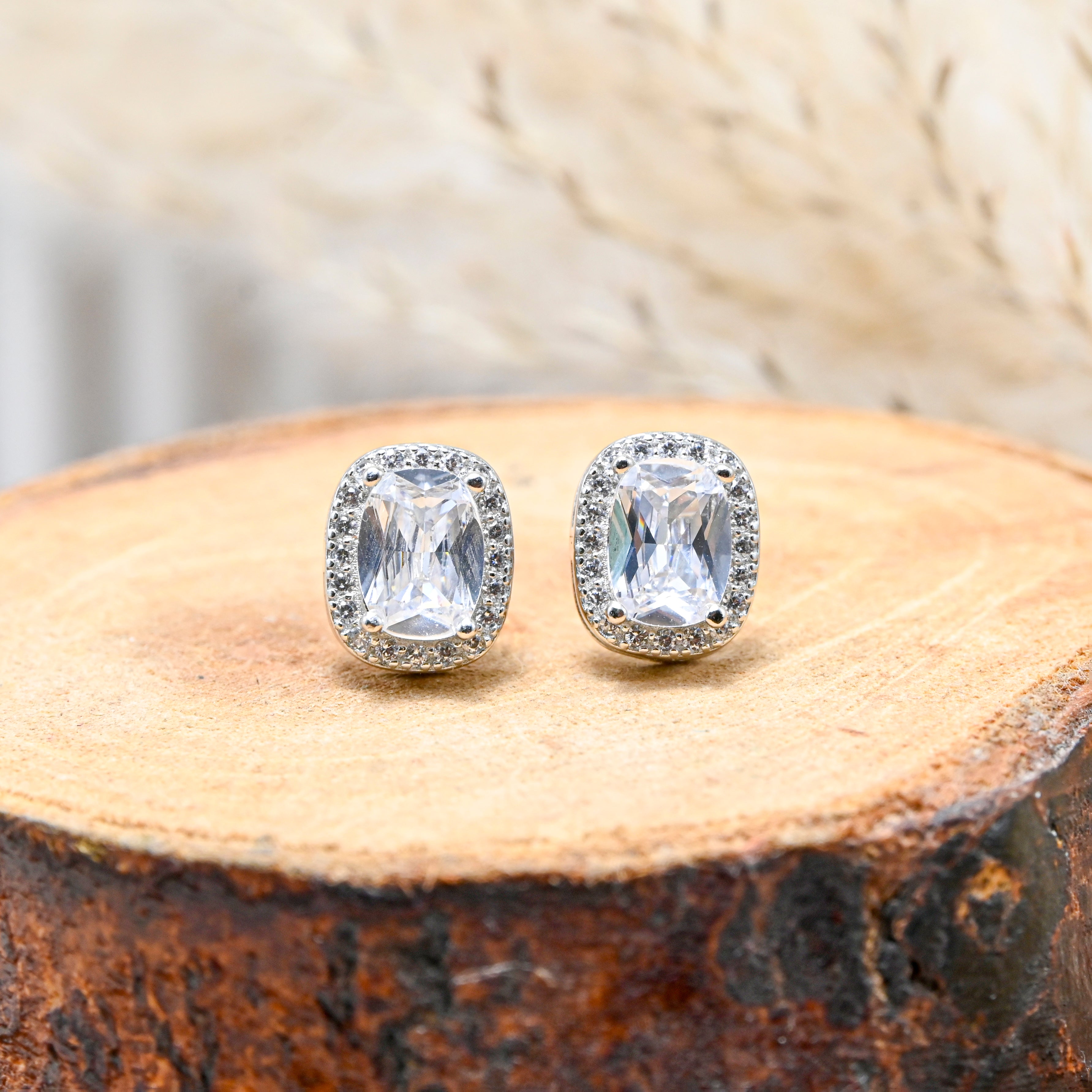 925 Sterling Silver Rectangle & Round Cubic Zirconia Studs | Statement Earrings With Push Backs | CZ Minimalist Studs
