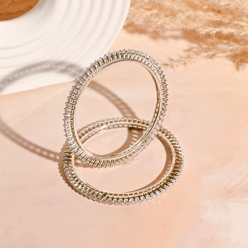 925 Sterling Silver Cubic Zirconia Bangle – Sparkling Round Brilliant, Rhodium Finish
