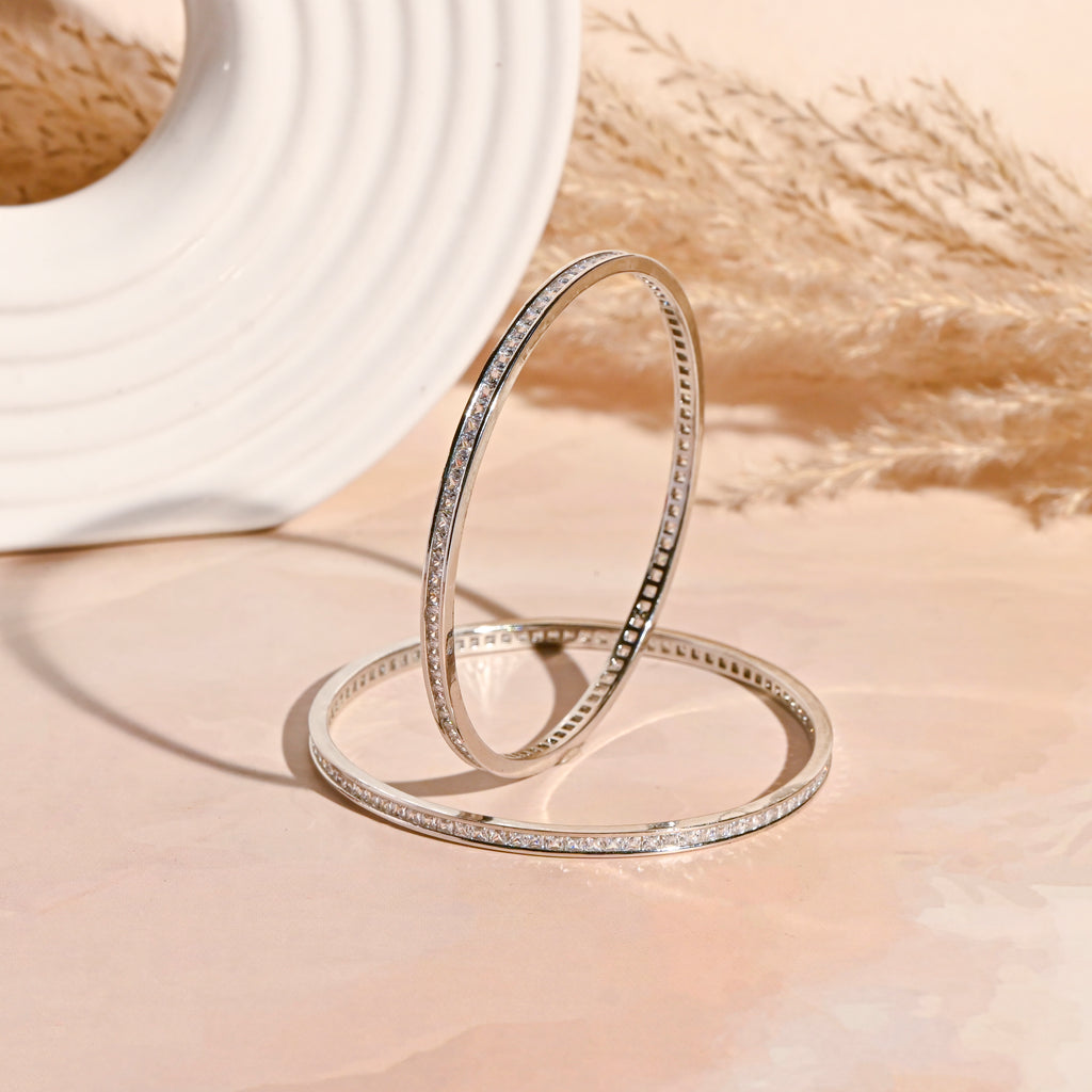 Timeless 925 Silver CZ Bangle – Round Brilliant Stones, Rhodium Polished Everyday Wear