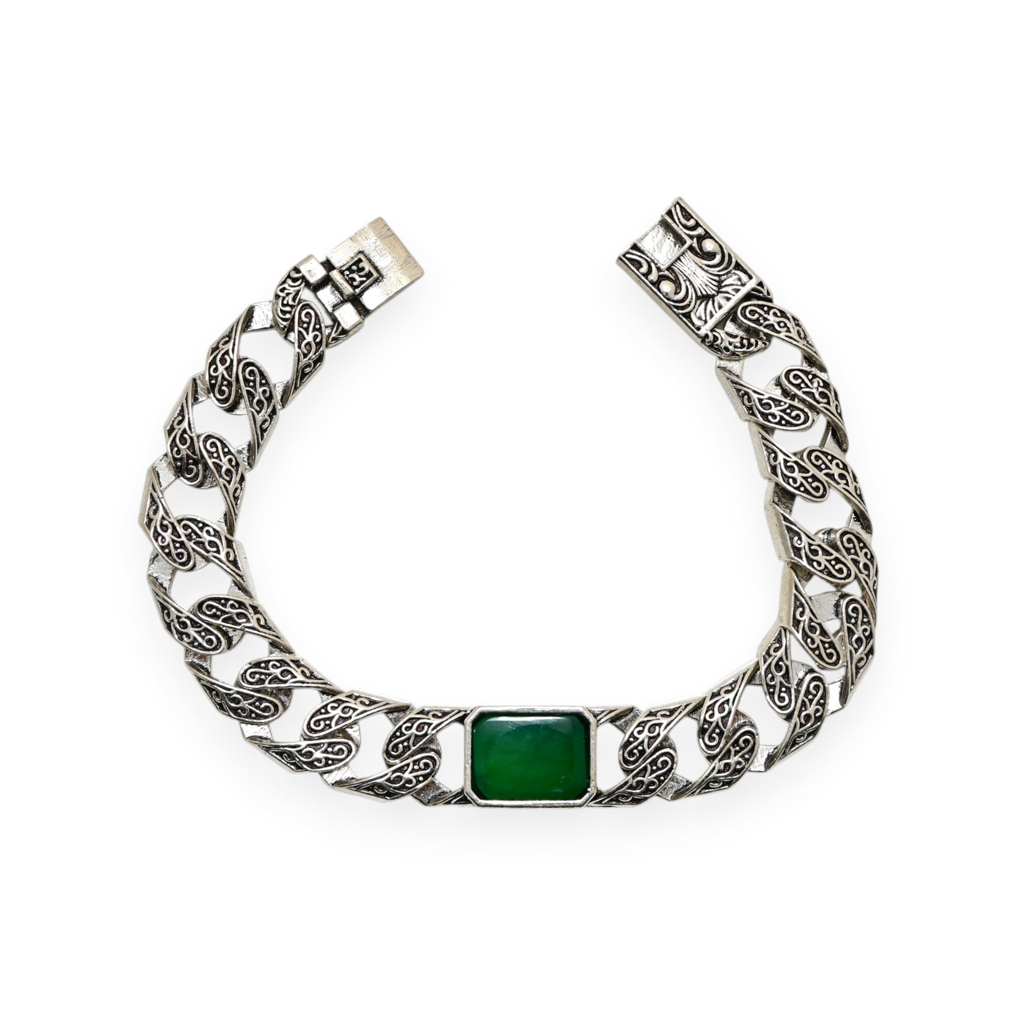 925 Sterling Silver Kada Bracelet Green Stone Traditional Vintage Design Jewelry