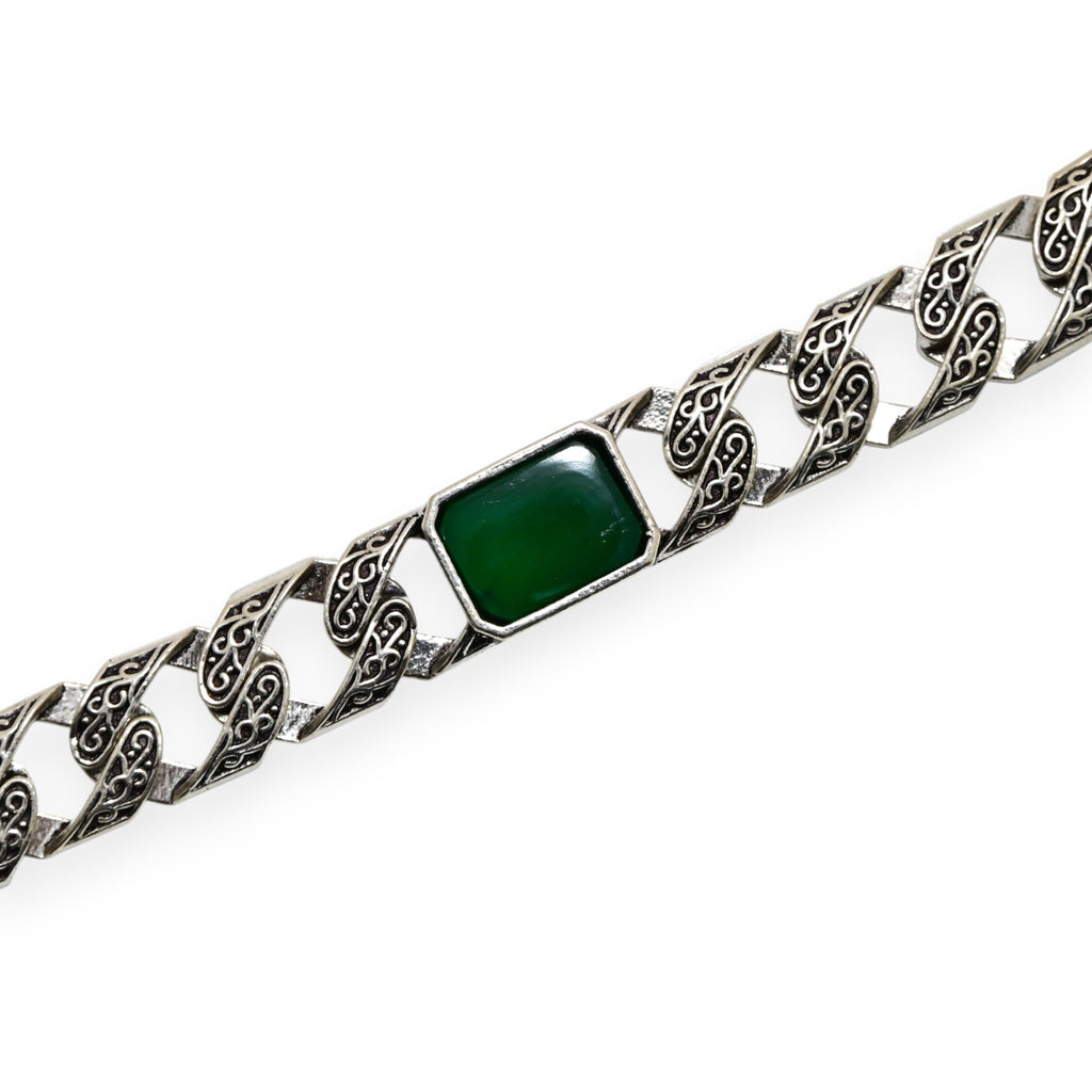 925 Sterling Silver Kada Bracelet Green Stone Traditional Vintage Design Jewelry