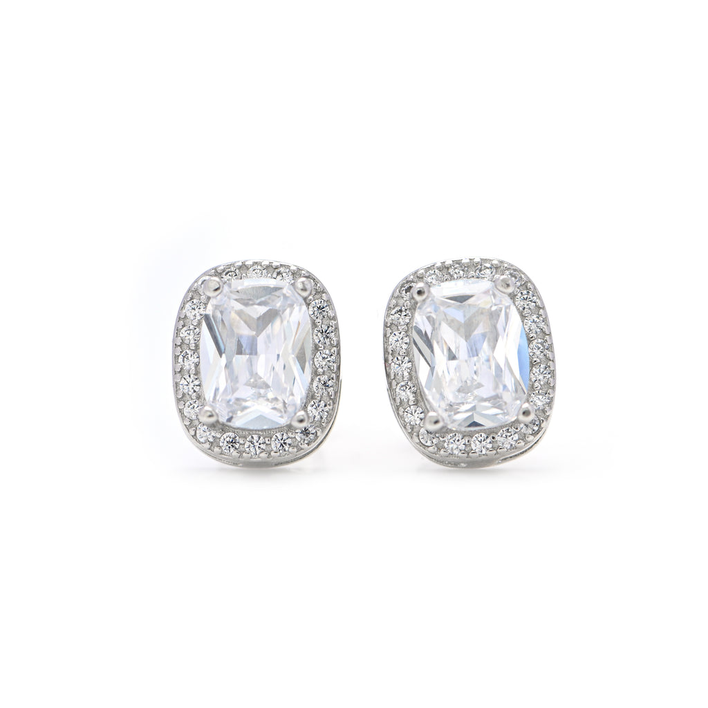 925 Sterling Silver Rectangle & Round Cubic Zirconia Studs | Statement Earrings With Push Backs | CZ Minimalist Studs