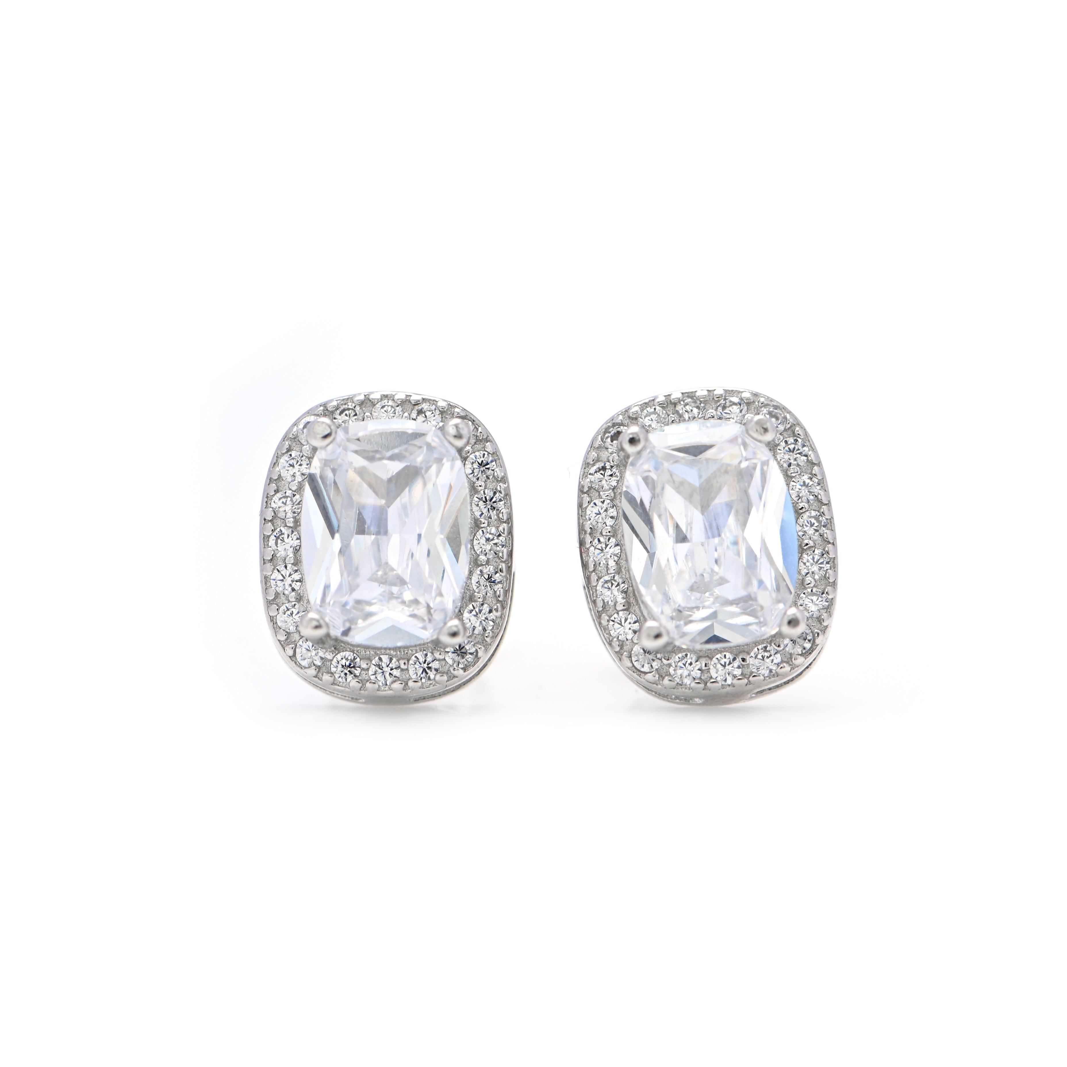 925 Sterling Silver Rectangle & Round Cubic Zirconia Studs | Statement Earrings With Push Backs | CZ Minimalist Studs