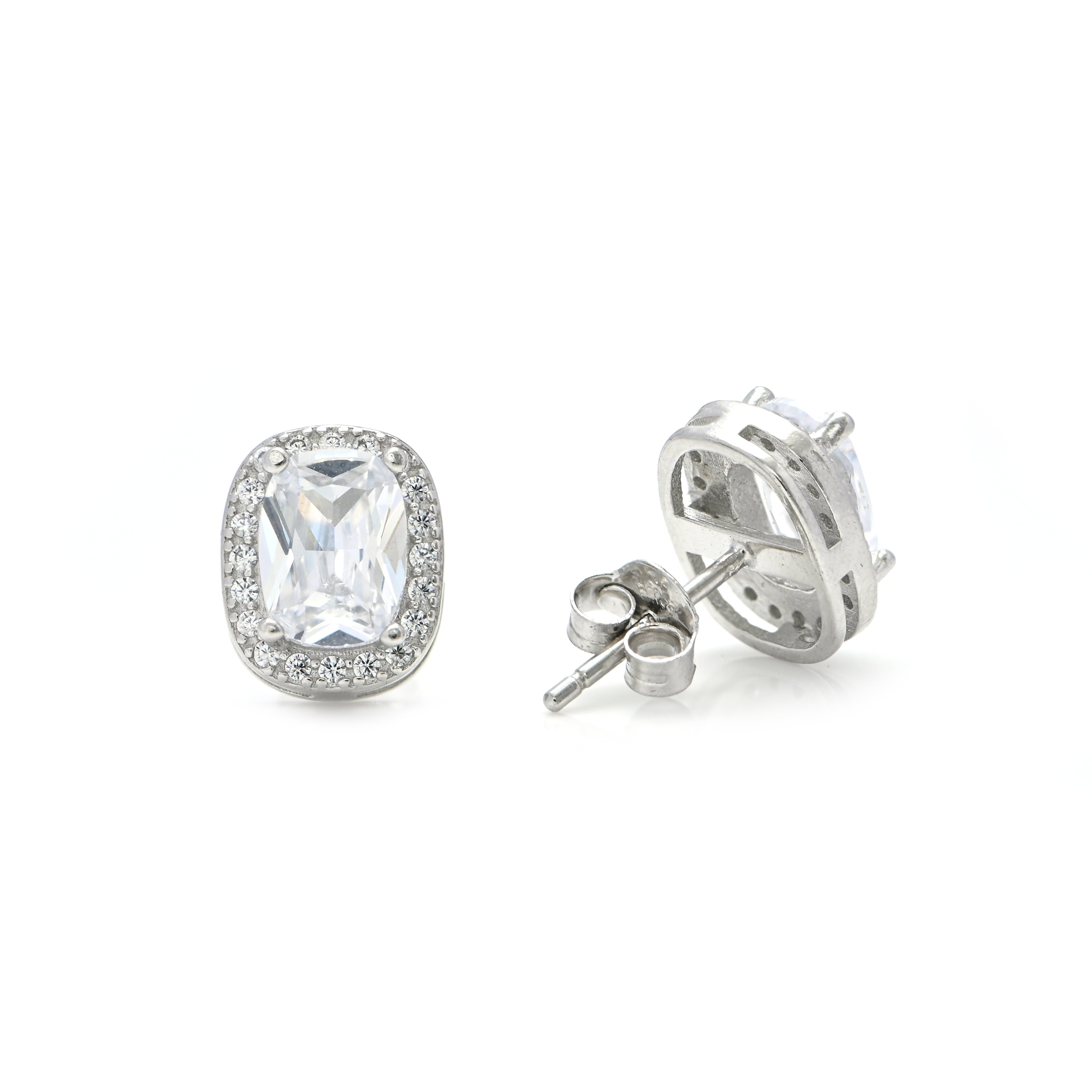 925 Sterling Silver Rectangle & Round Cubic Zirconia Studs | Statement Earrings With Push Backs | CZ Minimalist Studs