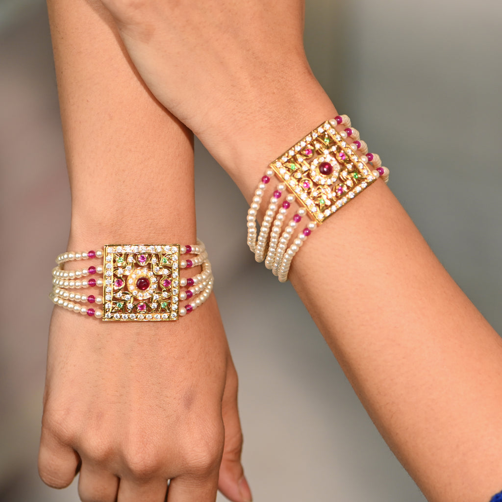 925 Sterling Silver Puwai Bracelet Set | Multi-Colour CZ & Pearl