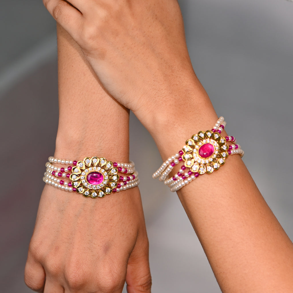 Two Pairs 925 Silver Multi-Colour Stone & Pearl Bracelets | Luxurious Gold Finish