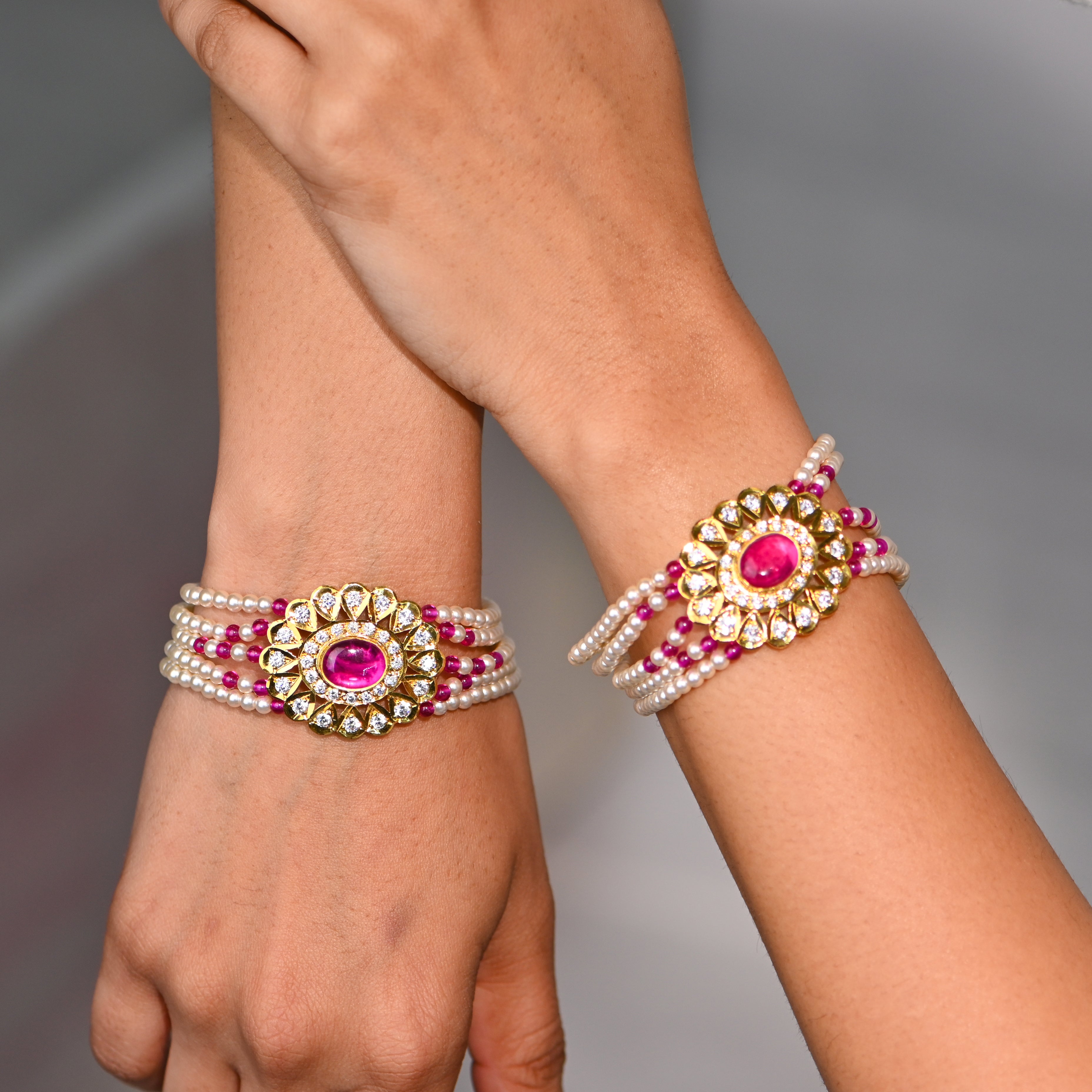 Two Pairs 925 Silver Multi-Colour Stone & Pearl Bracelets | Luxurious Gold Finish